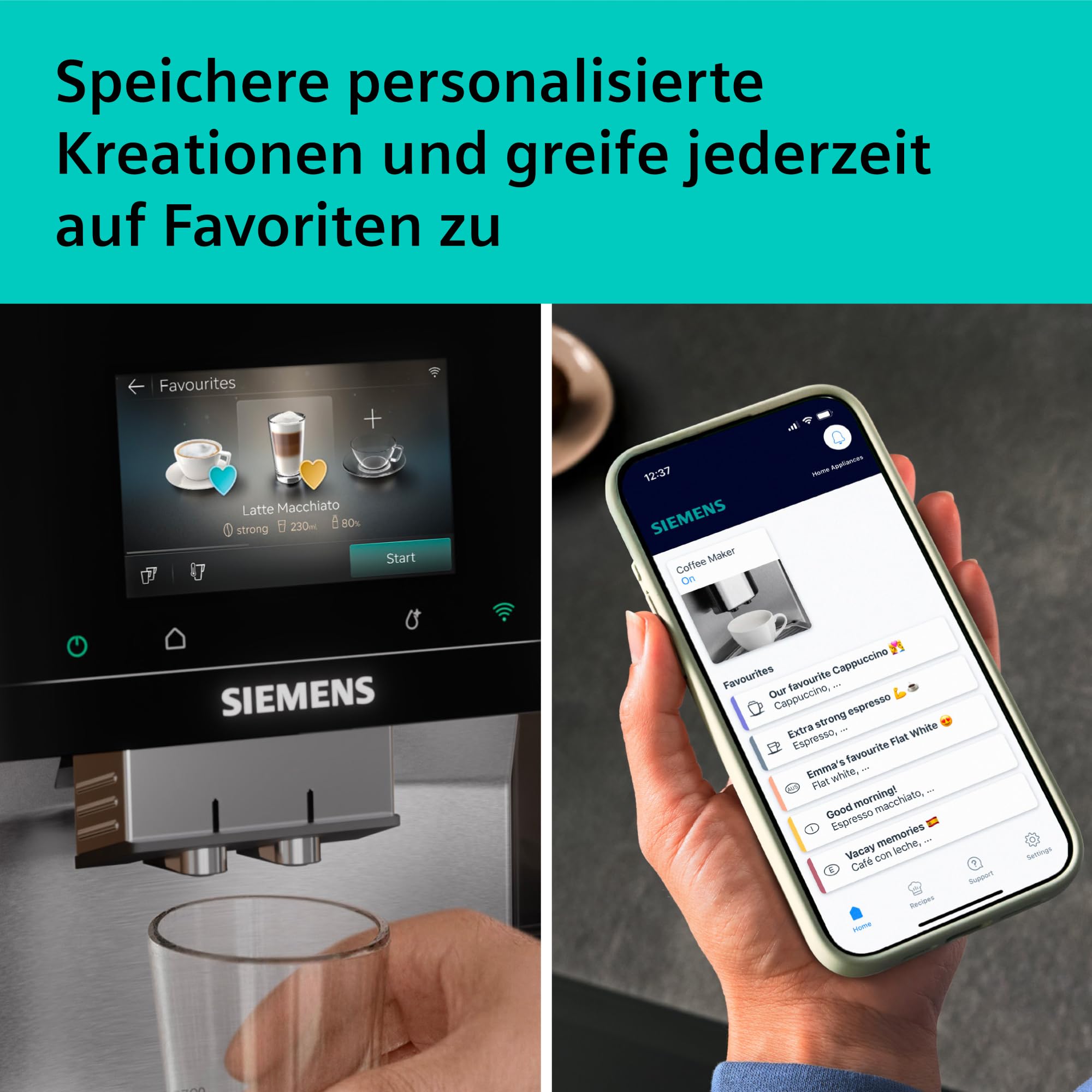 Siemens Kaffeevollautomat EQ700 iAroma, Full-Touch-Display, integrierter Milchbehälter, Tassenwärmer, Cold Brew und Slow Brew, Home Appliances App, Edelstahl schwarz, TQ727D03