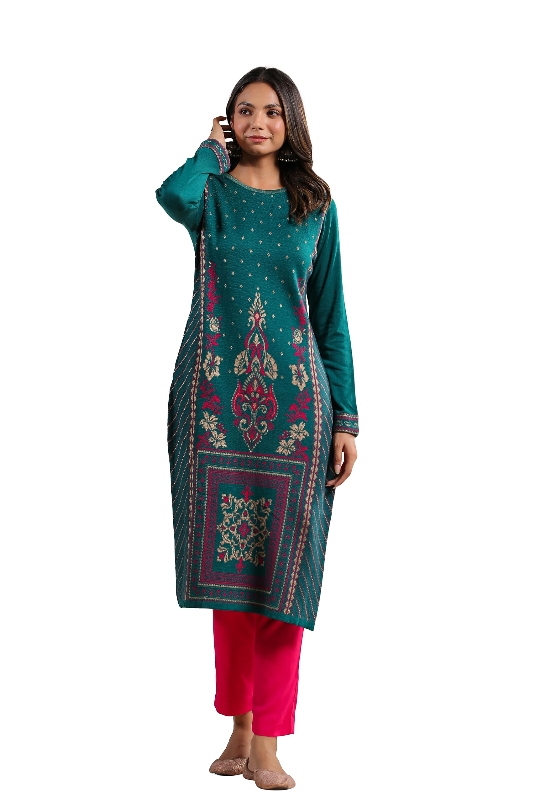 Ishin Women's Green Jacquard Style Ethnic Motifs Straight Winterwear Kurta