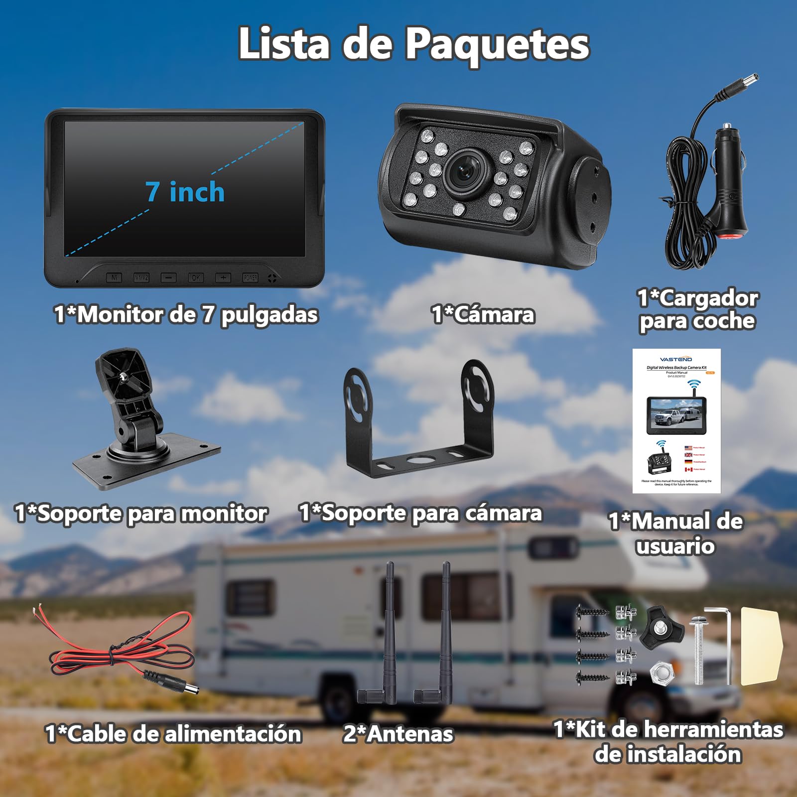 Cámara de Marcha Atrás con 7 Pulgadas 1080P Monitor, IP69 Impermeable 14 IR Visión Nocturna Camara Trasera Coche Inalámbrica, para Camper, Camión, RV(VE-7C)