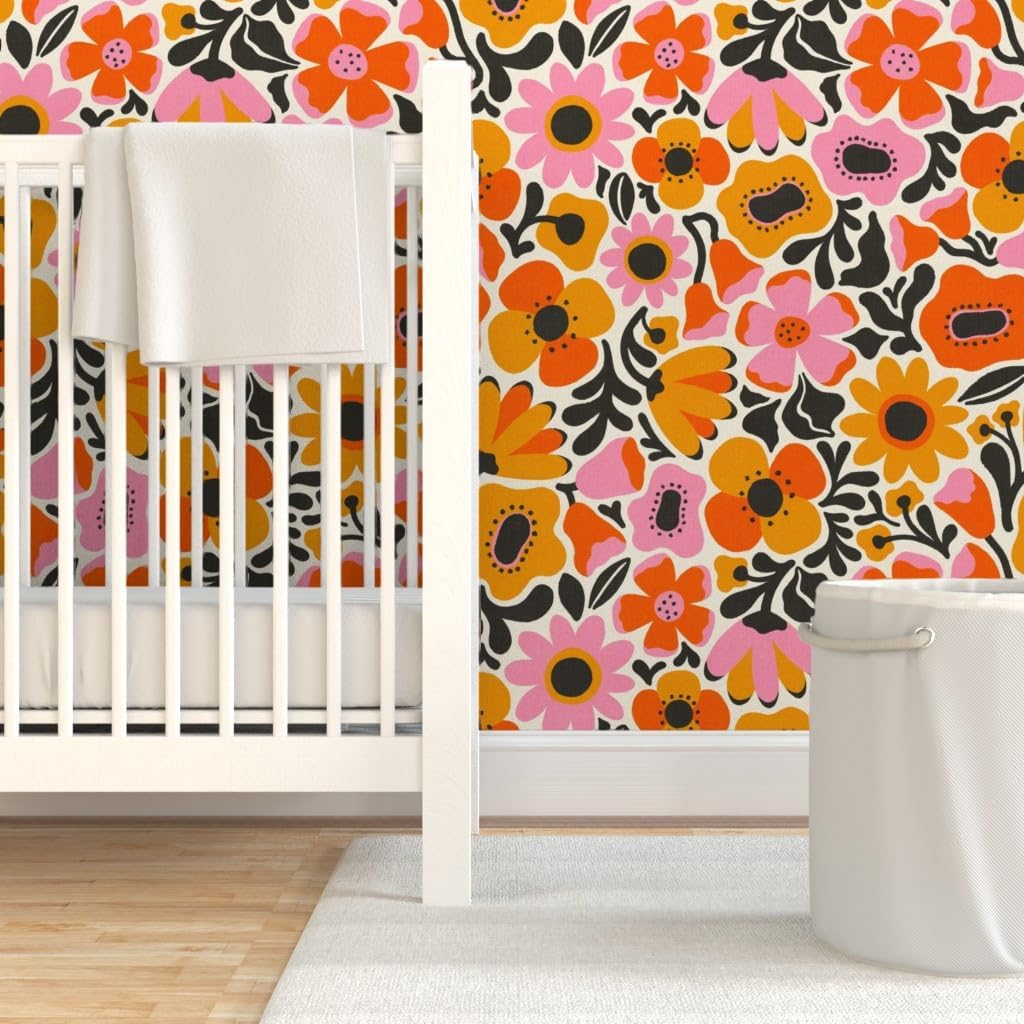 Spoonflower Peel & Stick Wallpaper 3ft x 2ft - Retro Abstract Poppies Seventies Floral Botanical Flowers Dopamine Dressing MCM Mid Mod Midcentury Custom Removable Wallpaper