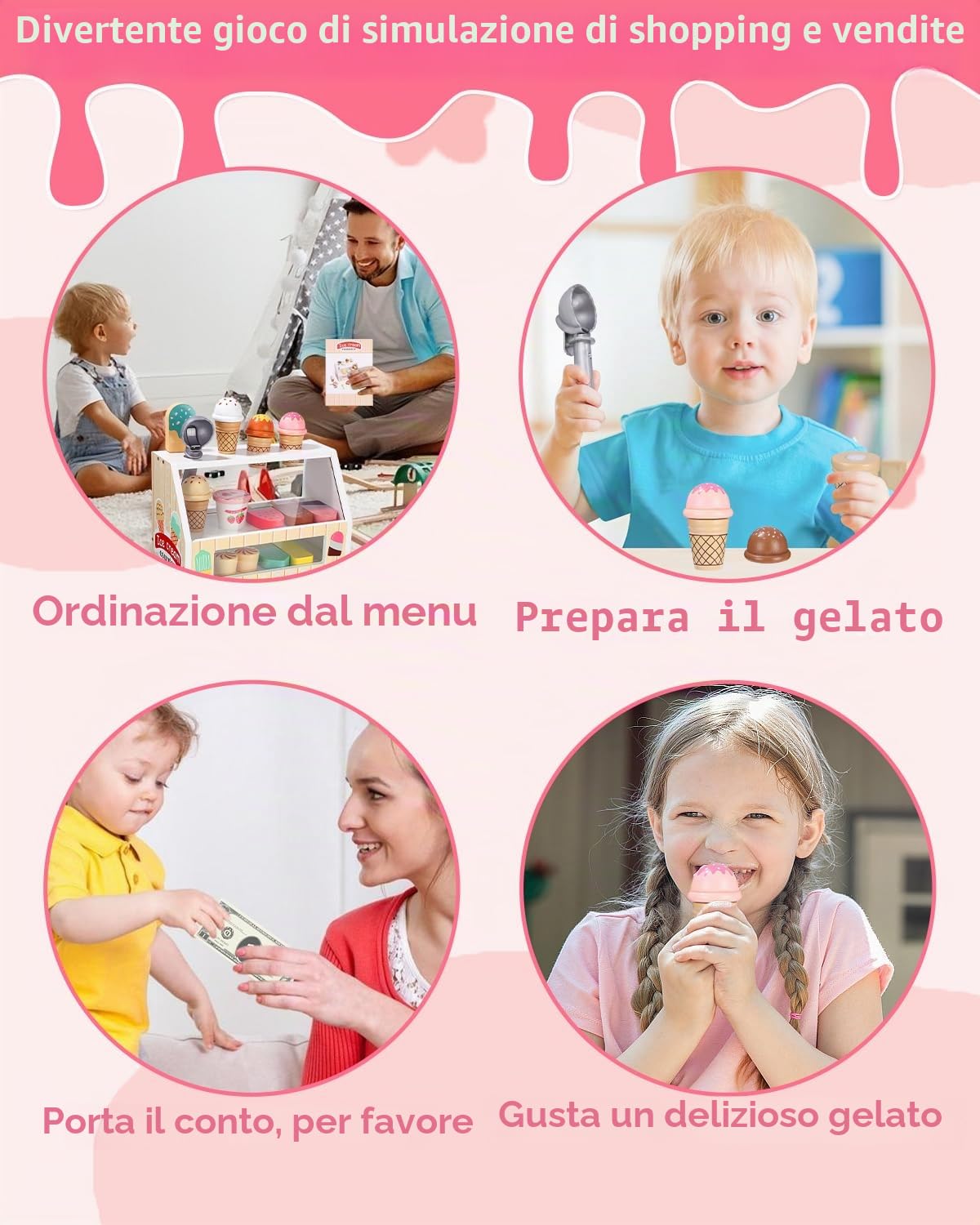 Gelateria Giocattolo, Cucina Cibo in Legno per Bambini, Accessori da Cucina Montessori, Gioco di Ruolo Educativo Regalo per Bambina 3 4 5 6 Anni