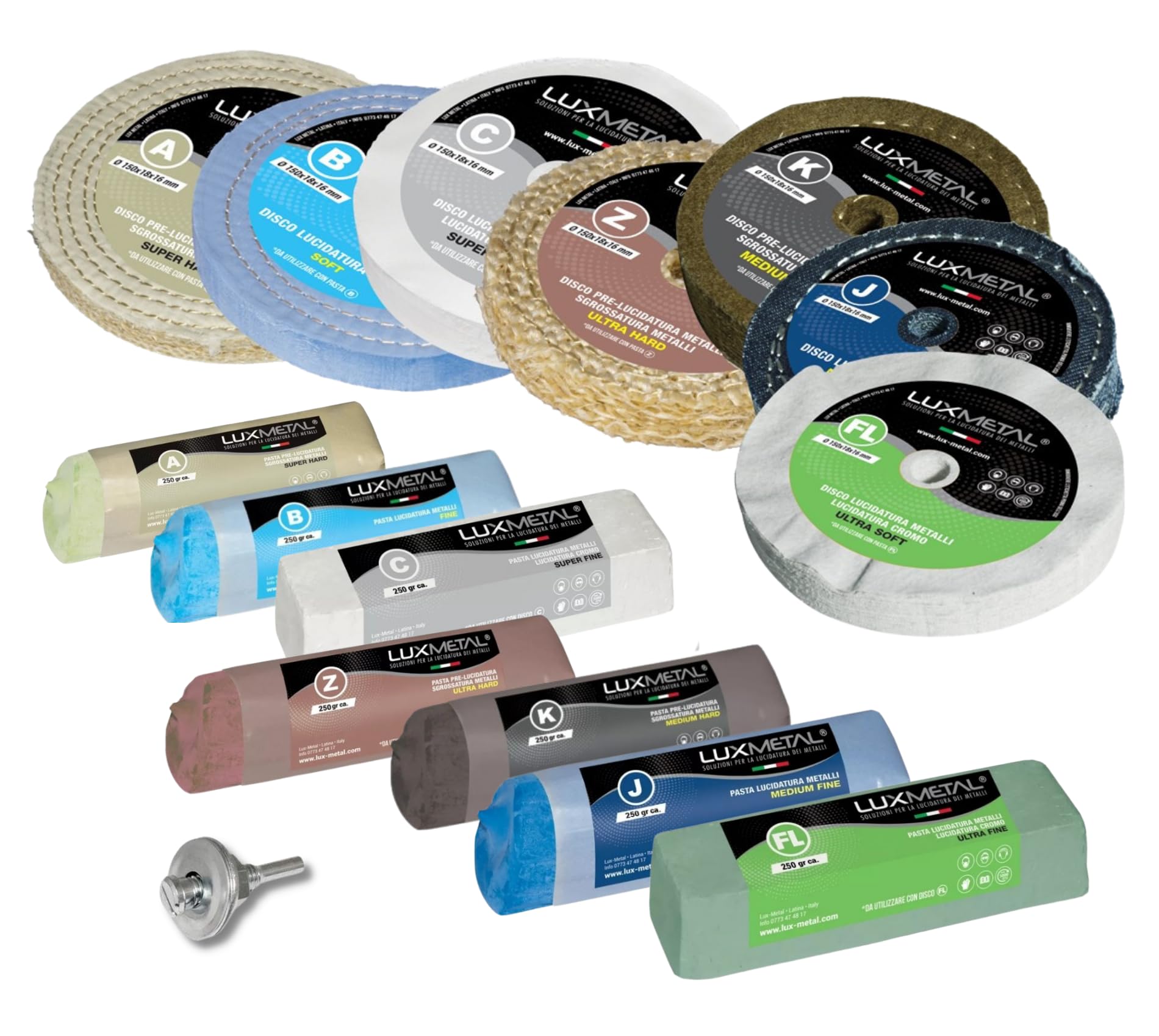 Lux Metal Kit 7 Discos Pulidores 150 mm 7 Pastas Abrasivas Pulidoras 250 gr Para Aluminio Hierro Acero Inoxidable Bronce Mármol Rueda de Pulido para Metales Taladro Muela Amoladora Fieltro Algodón
