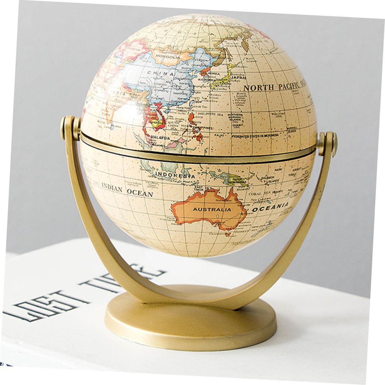 ORFOFE English Version Globe with Stand Desktop World Globe for Educational Geography Learning Small Handicraft Decoration for Home Office Classroom Golden Finish