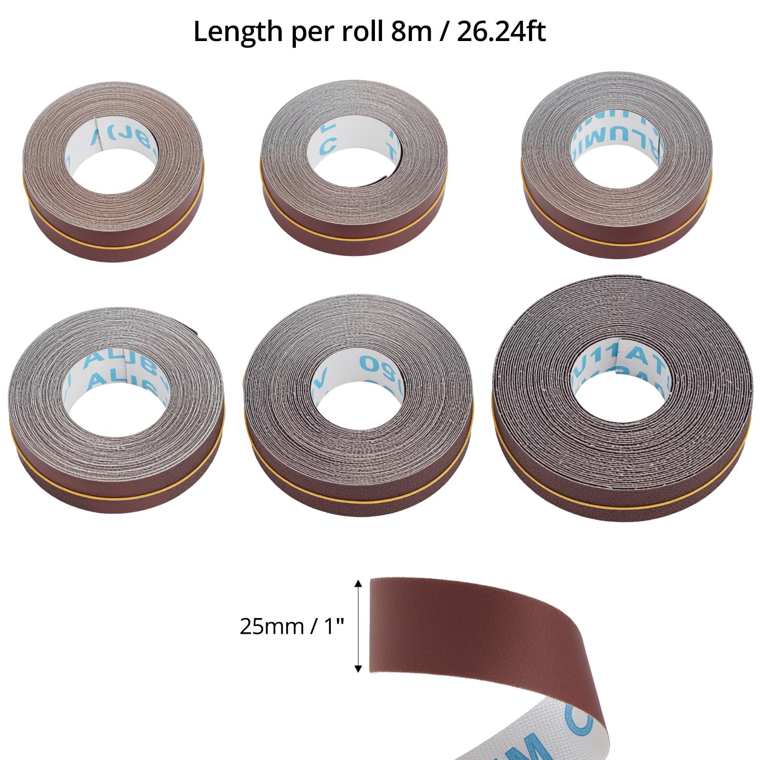 QWORK® Lot de 6 rouleaux de papier abrasif 2.5 cm x 8 m (grains 80/150/240/320/400/600), idéal pour le polissage du métal, du verre et du bois, avec boîte distributrice.