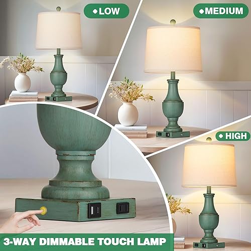 Miniatura 3 de Farmhouse Table Lamps for living room, Rustic Touch Control Bedside Lamps with USB A+C Charging Ports & AC Outlet, Vintage 3-Way Dimmable