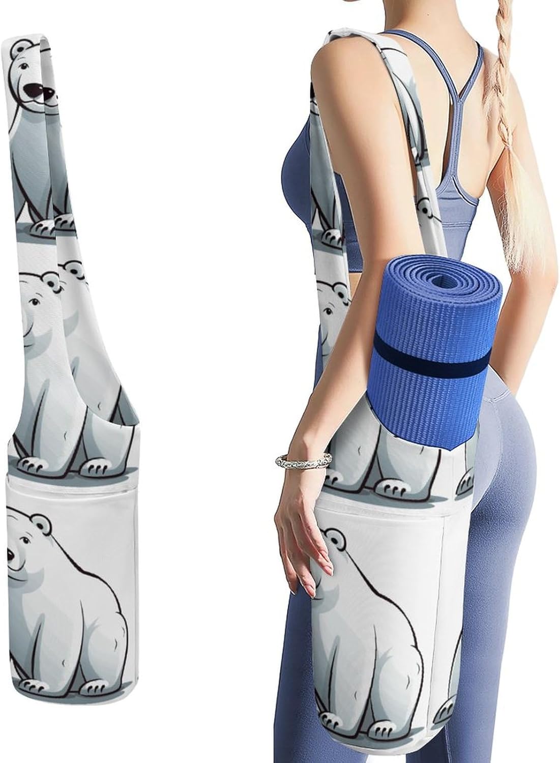 Polar Bear Yoga Mat Bag, Durable Canvas Yoga Mat Storage Bag with Water Bottle Pocket And Bottom Wet Bag, Fits Most Size Yoga Mats