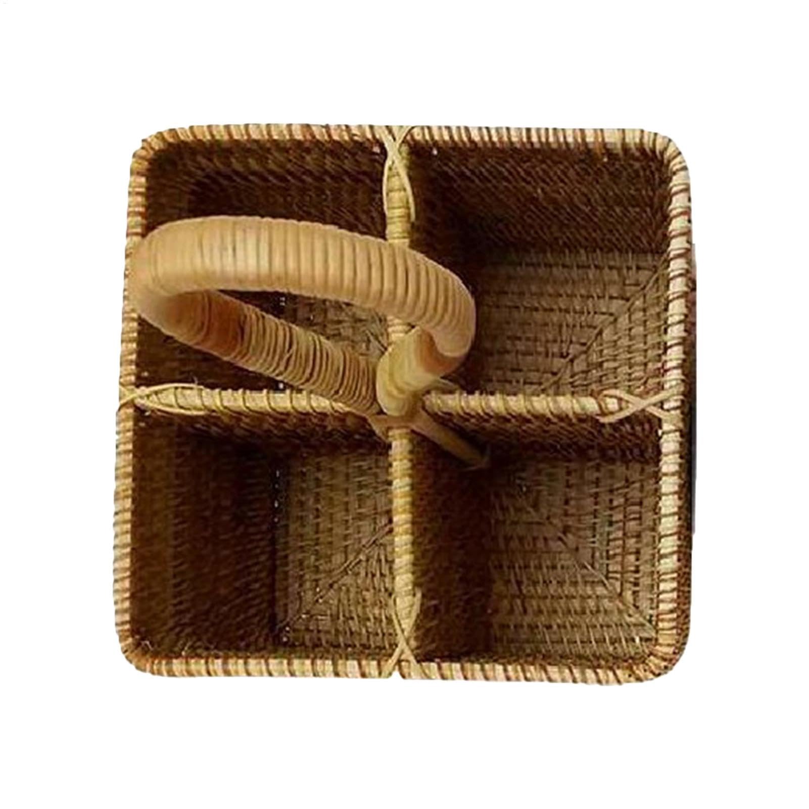 Cestino in vimini – Cesto portaoggetti in vimini naturale, intrecciato a mano, cestino da picnic 17,8 x 17,8 cm, manico lungo, 4 scomparti, cestino in rattan per picnic, bottiglie, posate, utensili da