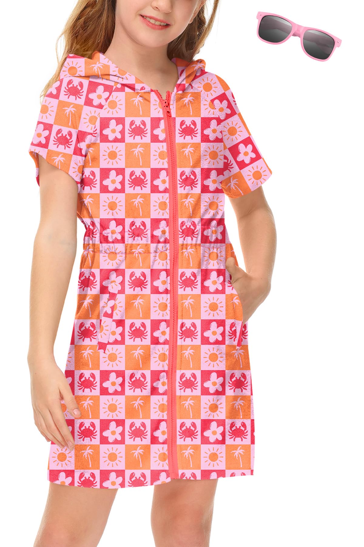 BesserBay Girls Swim Cover Up Beach Bathing Suit Coverups for Swimwear Zip-Up Terry Cloth Robes with Sunglasses 6-14 Years