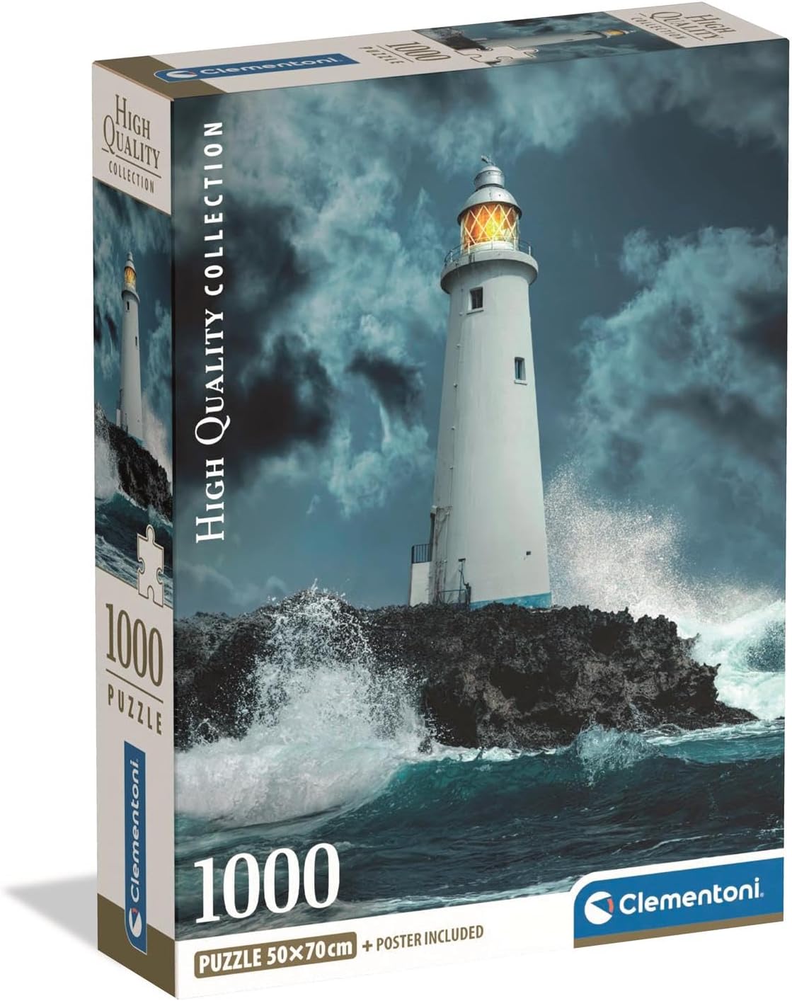 Clementoni - 39991 Jigsaw Puzzle 1000 Pieces for Adults and Teenagers, Collection, Lighthouse in the Storm Theme with Poster, Compact Box, Gift Idea for Men and Women, Made in Italy, 50 x 70 cm, 39991