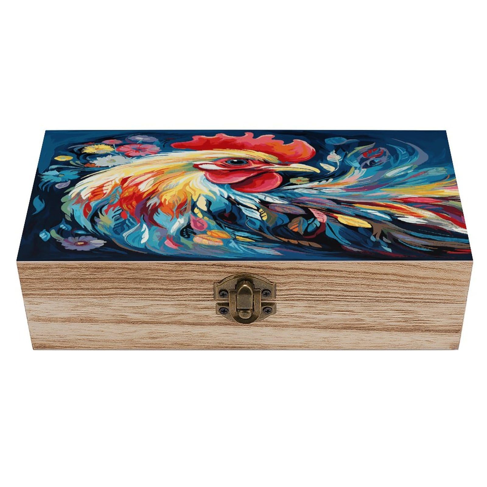 VstaDank Art Colorful Chicken Wooden Storage Box Wooden Keepsake Box with A Hinged Lid Fashion Memory Treasure Boxes Decorative Jewelry Case for Crafts Photo Home Decor Wood Gift Box