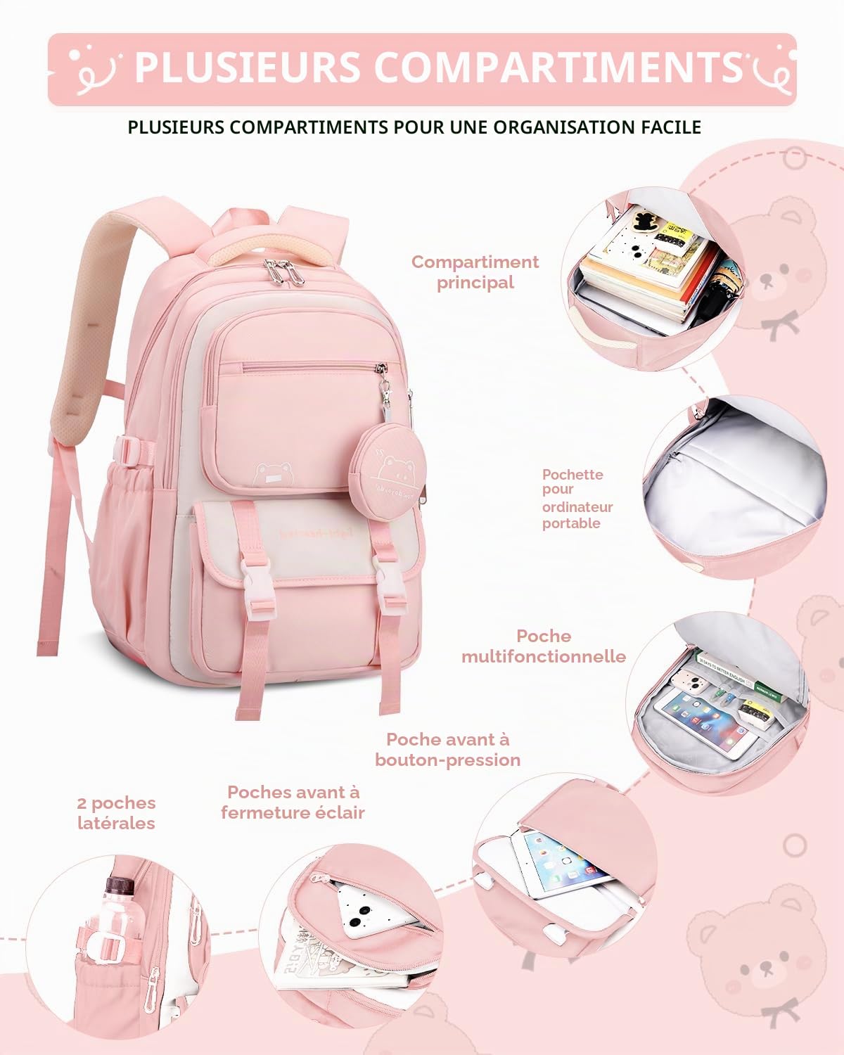 Tanou Cartable a Roulette Fille, 30L Sac à Dos ado College Décontracté