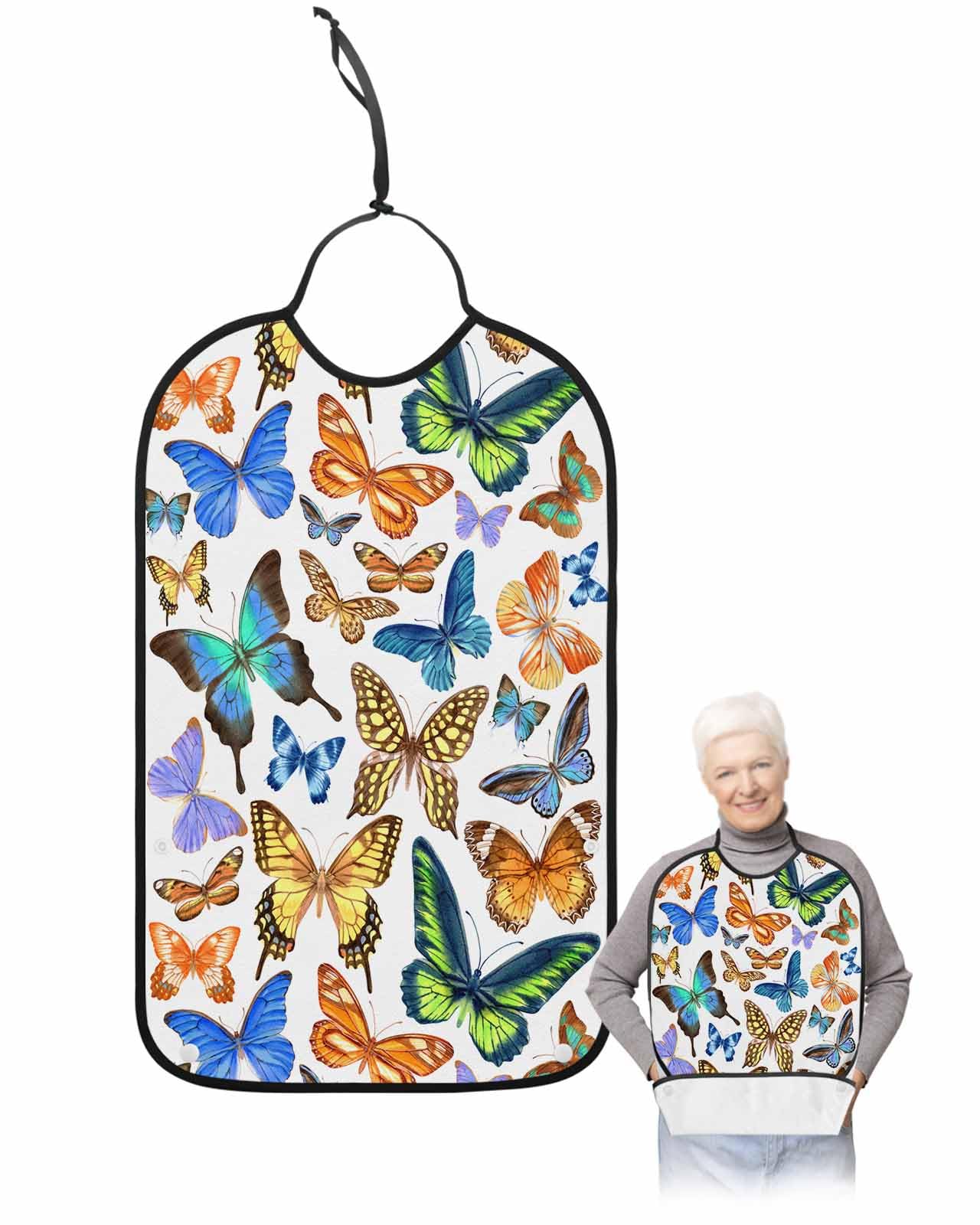 LEOKOTI Butterfly Adult Bibs for Eating, Waterproof Bibs with Food Catcher & Adjustable Snap Closure, Watercolor Farmhouse Colorful Butterfly Washable Clothing Protectors Adult Bibs for Elderly