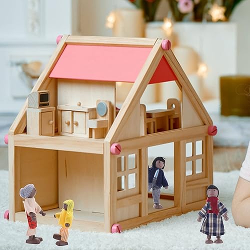 Miniatura 5 de Figuras de casa de muñecas, 7 piezas de casa de muñecas de madera, muñecas familiares, mini muñecas familiares, figuras de juego de simulación en