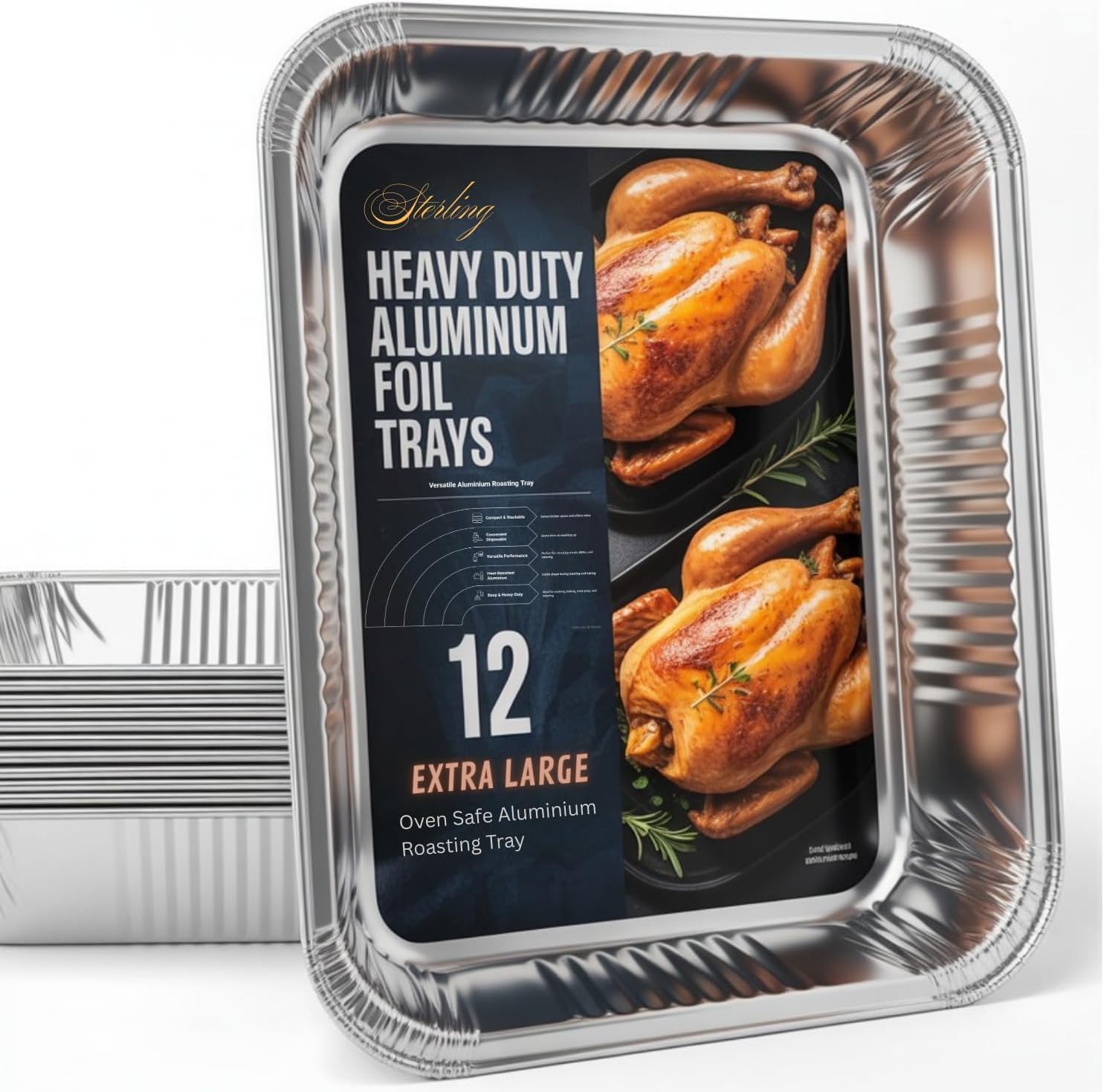 Sterling Heavy Duty Aluminium Foil Roasters 46cm - Deep Catering Oven Trays for Large Turkey & Roasts - Pack of 12