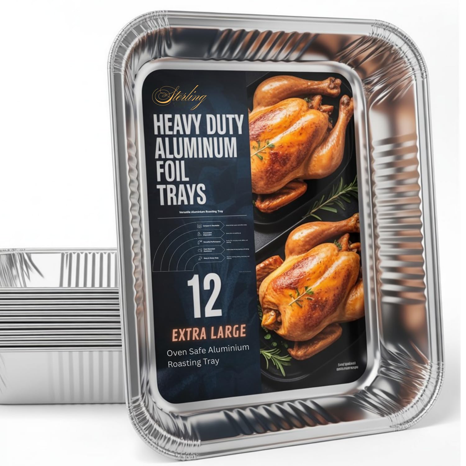 Sterling Extra Deep Aluminium Roasting Trays 46cm - Catering Grade Turkey Foil Pans for Christmas & Events - Pack of 6, Silver