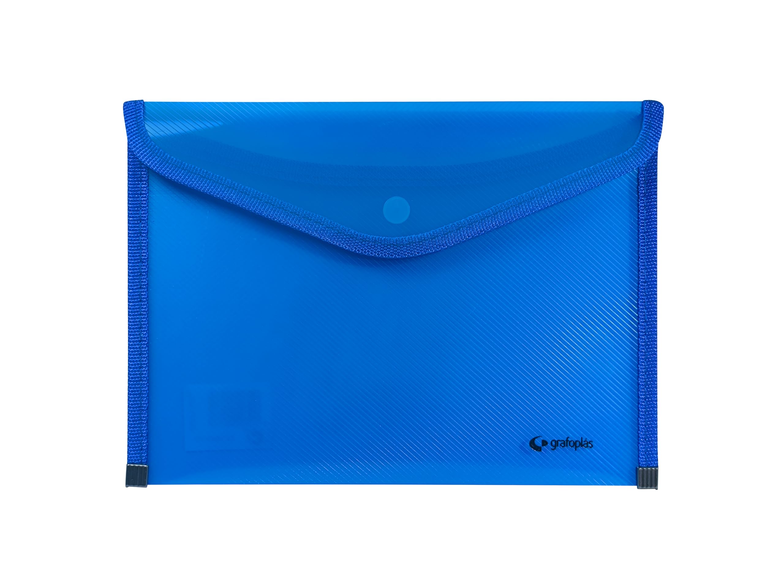 Grafoplas - 4 Sobres Portafolios Plastico Tamaño Cuarto con Cierre Botón, Ribete Tela, 24,5x17,5cm, Color Azul Traslúcido, Para Documentos Pequeños A5 o menos, Perfecto como Portafolios en Oficina