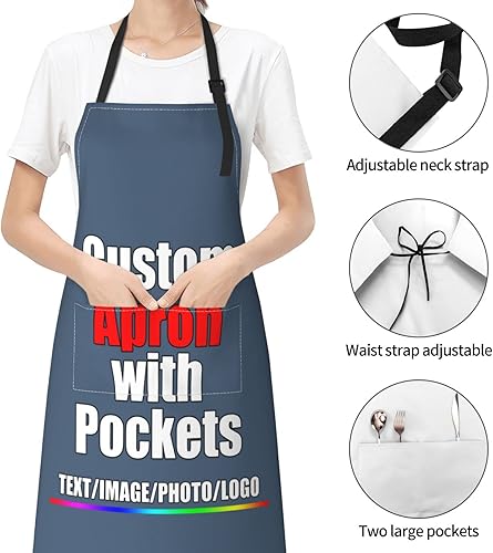 Miniatura 6 de Delantal personalizado para hombres y mujeres, niñas, niños, personalizable, nombre, texto, logotipo, imagen, foto, ajustable, con dos bolsillos