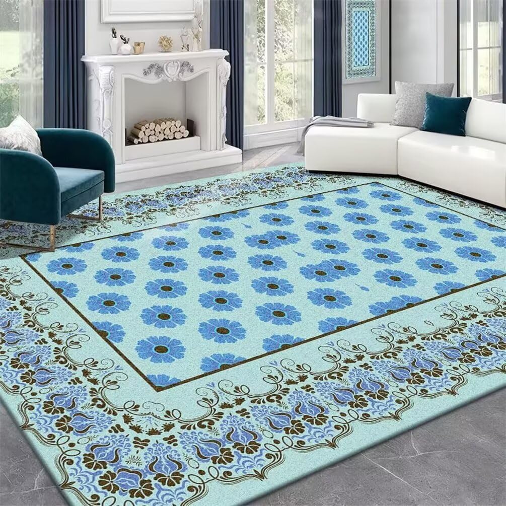 Tapis bleu 200x300cm fleurs de jardin pour nettoyer facilement la chambre d'un ado