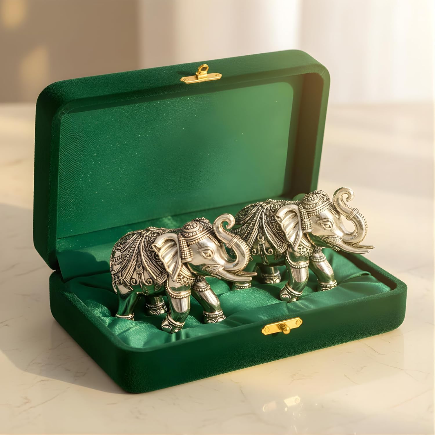 999 Pure Silver Plated Elephant Idol Pack of 2 | 7 Inch Vastu & Good Luck Statues for Home Decor, Puja Room & Temple | Divine Altar Showpiece & Auspicious Gift of Blessings.