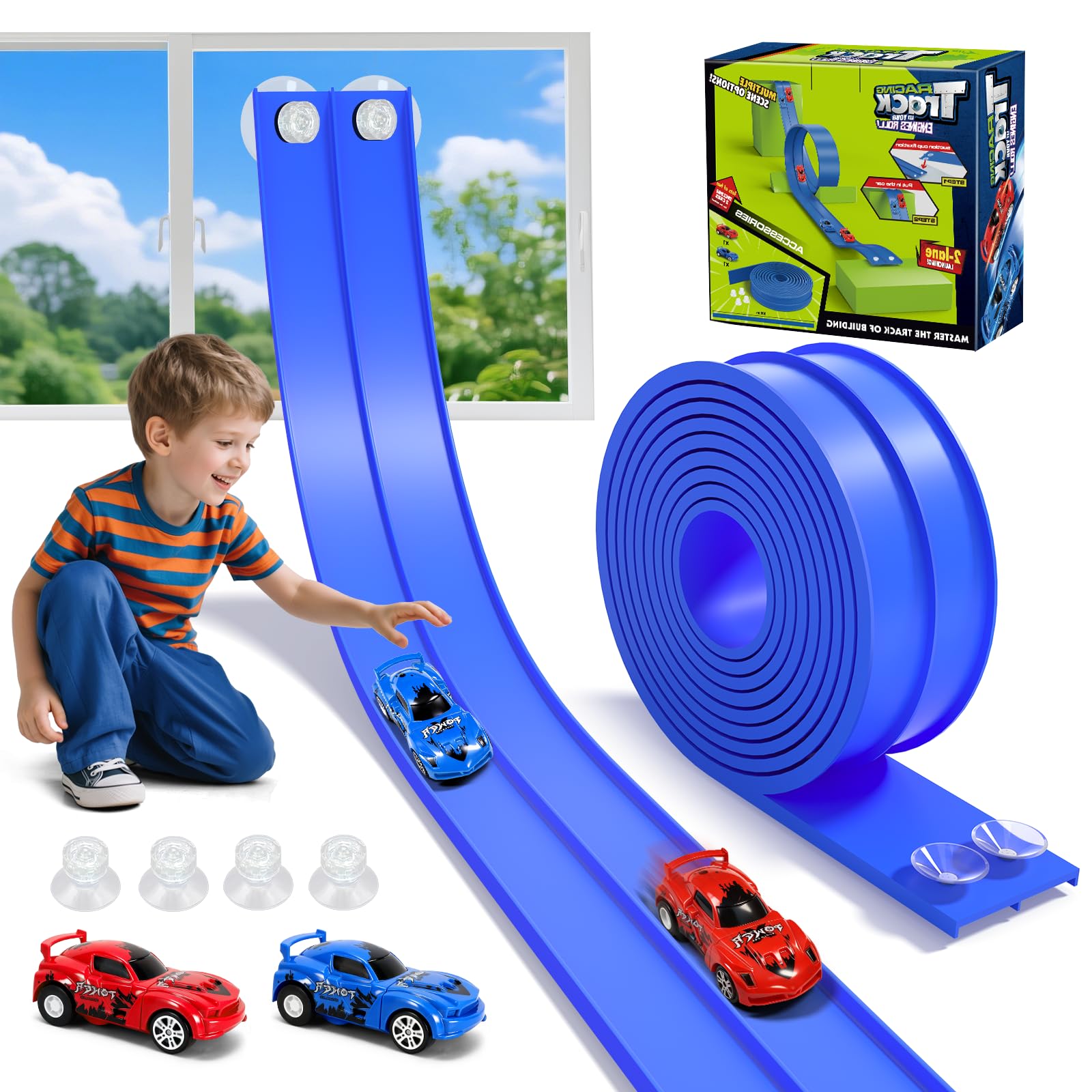 KETIEE Autorennbahn 5M Inklusive 2 Autos: Flexible Rennbahn Rennstrecke Auto Rennbahn Kinder 3 4 5 6 Jahre Spielzeug Autobahn Rampen Dual Rennstrecke für 1/64th Autos Geschenk für Kinder, Indigo