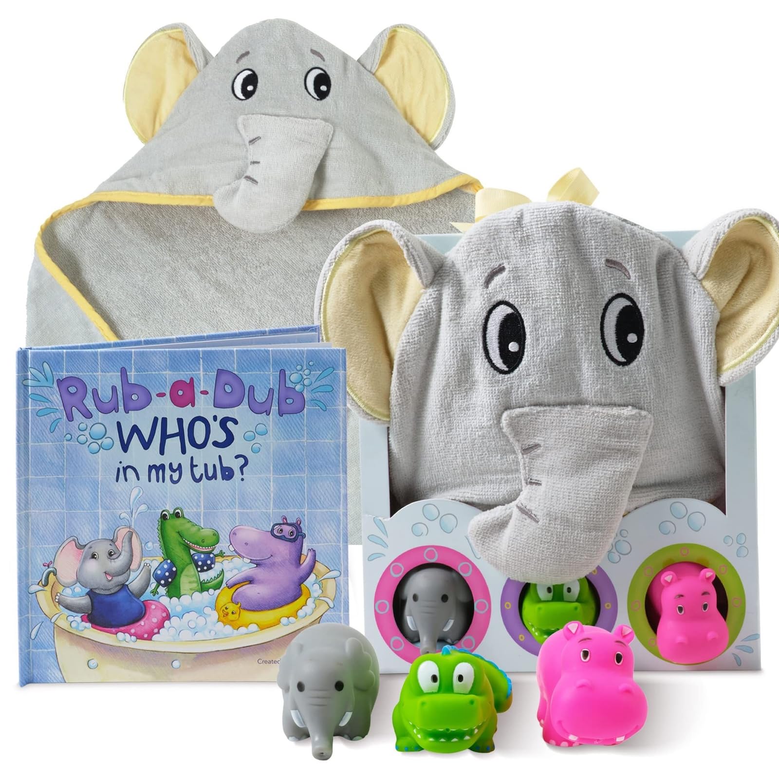 Tickle & MainBaby Bath Gift Set - 5-Piece Set, Yellow, 30 x 30 in, 100% Cotton, Ages 6-24 Months - Elephant Hooded Towel & Jungle Safari Toys with Elephant Bath Book