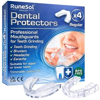 Runesol Mouth Guard for Teeth Grinding, 4 x Regular, Gum Shield for Teeth Grinding, Bruxism Mouthguard, Adults Night Tooth Guard, Stop Grinding Teeth Dental Protector, Class 1 Medical Device UKCA CE - Amazon product rated Grade A