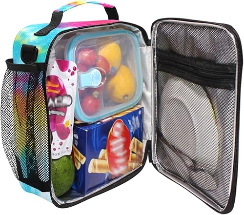 Miniatura 5 de Lonchera con diseño de remolinos de teñido anudado arcoíris para niños, bolsa de almuerzo aislada, bolsa enfriadora iridiscente, correa de hombro