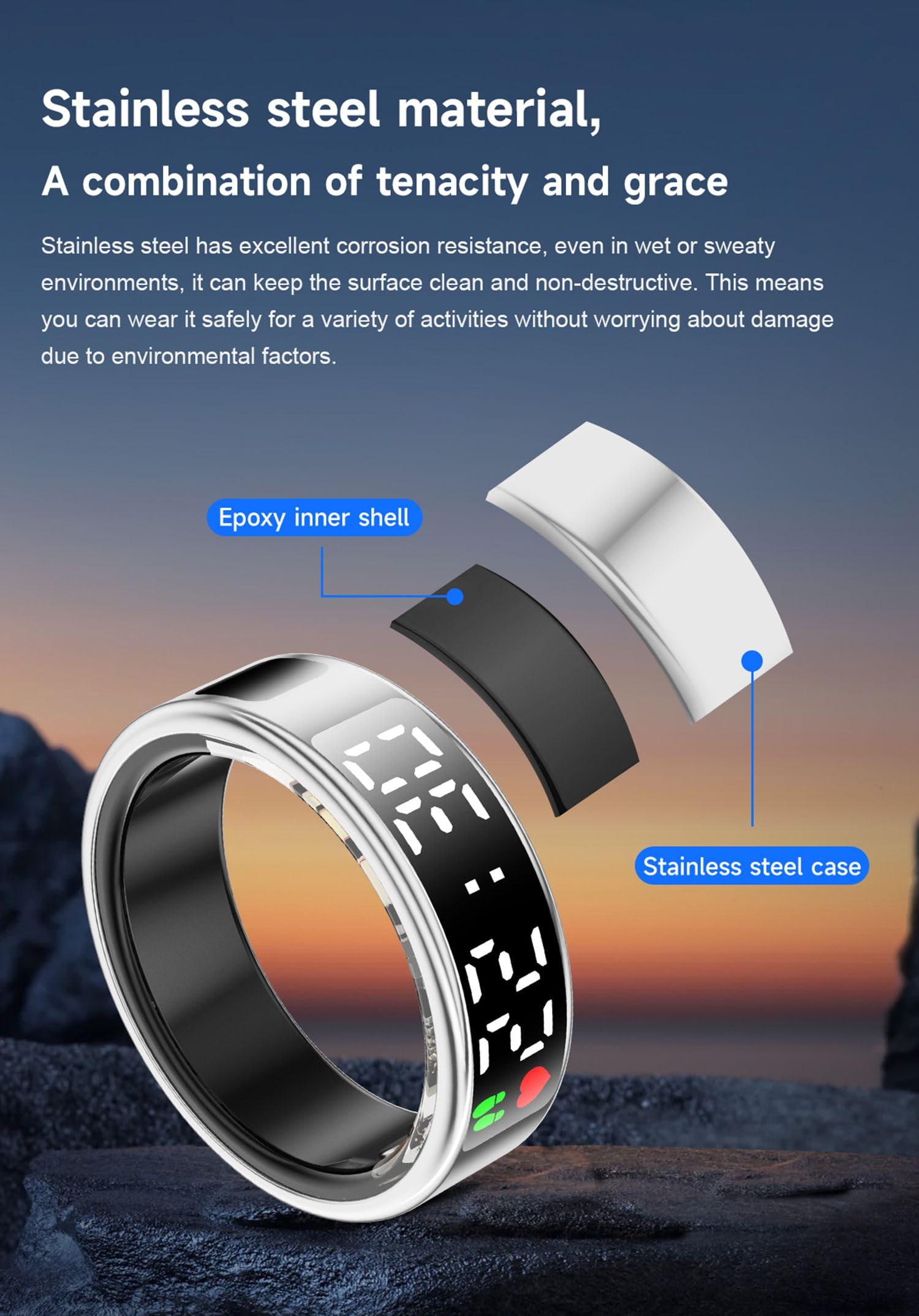 Anillo inteligente de salud, anillo inteligente para mujeres y hombres, monitor de frecuencia cardíaca de oxígeno en sangre IP68, resistente al agua, medidor de calorías, contador de pasos, plateado