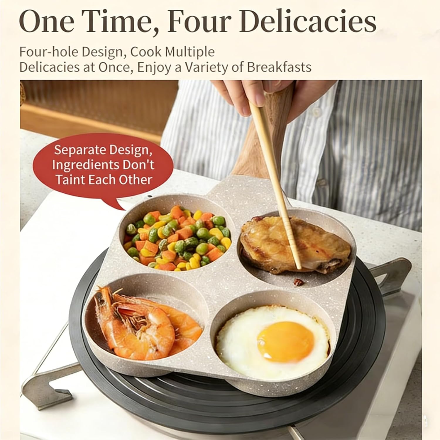 Maifan Stone Multi-hole Egg Frying Pan, 4-Cup Nonstick Aluminum Egg Pan for Pancakes & Breakfast, Multifunctional 4-in-1 Non Stick Frying Pan for Eggs, Easy Clean Granite Coating (1PC)