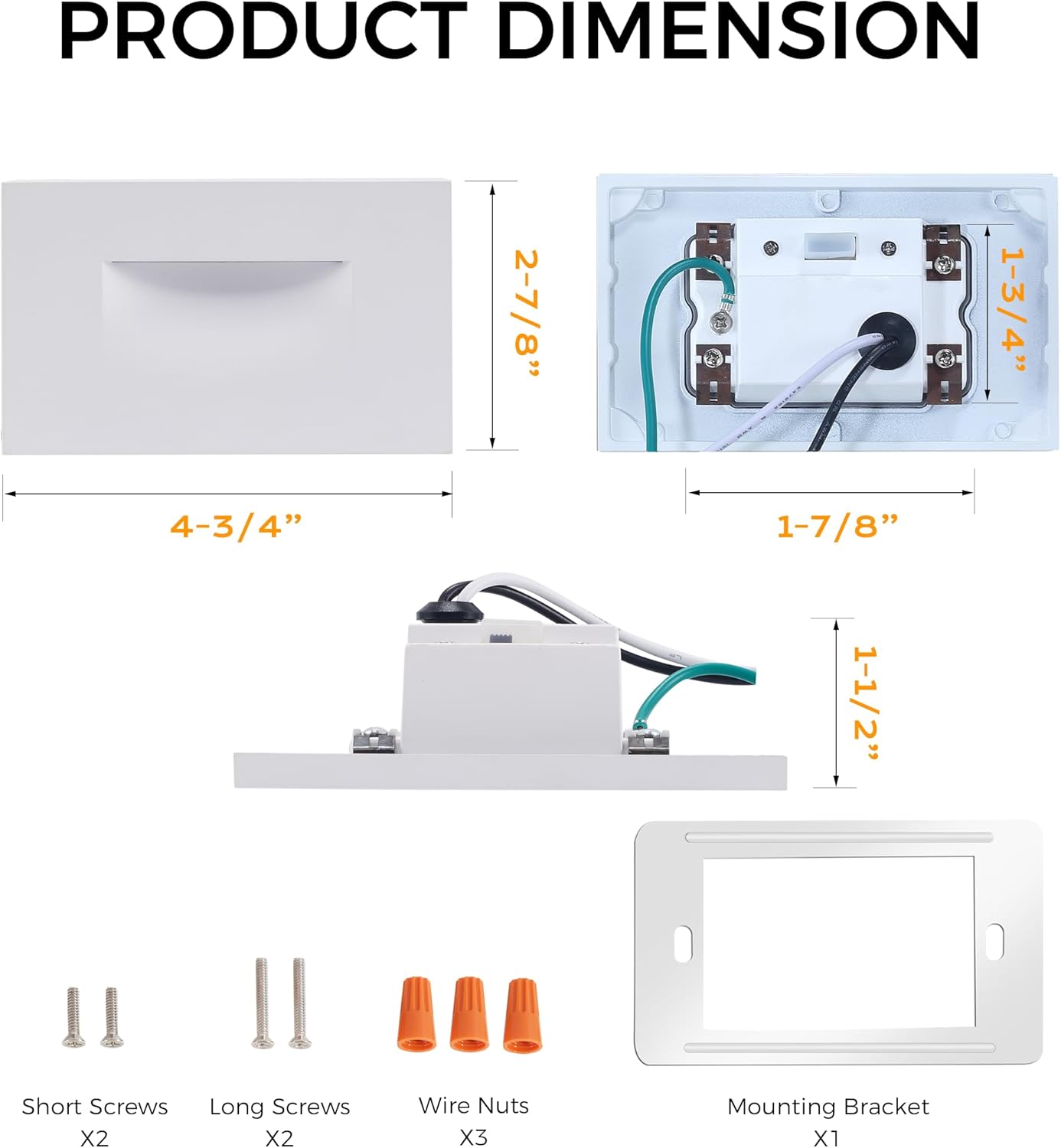 Detailed product dimensions of the CLOUDY BAY step light and its internal components, along with included mounting hardware.