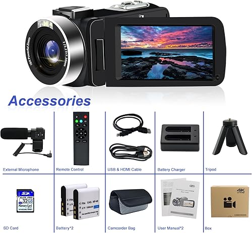 Miniatura 7 de YEEIN Cámara de video 4K, videocámara con visión nocturna IR, cámara digital WiFi para grabación de video, pantalla táctil de 3 pulgadas, zoom