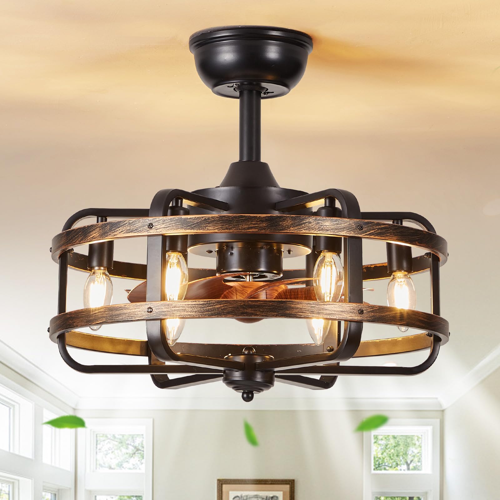 UNRRYI Industrial Ceiling Fans with Lights and Remote, 3 Speed Reversible Rustic Caged Ceiling Fans with 6 *E14 Base, Farmhouse Fandelier Ceiling Fan Light for Bedroom Dining Room