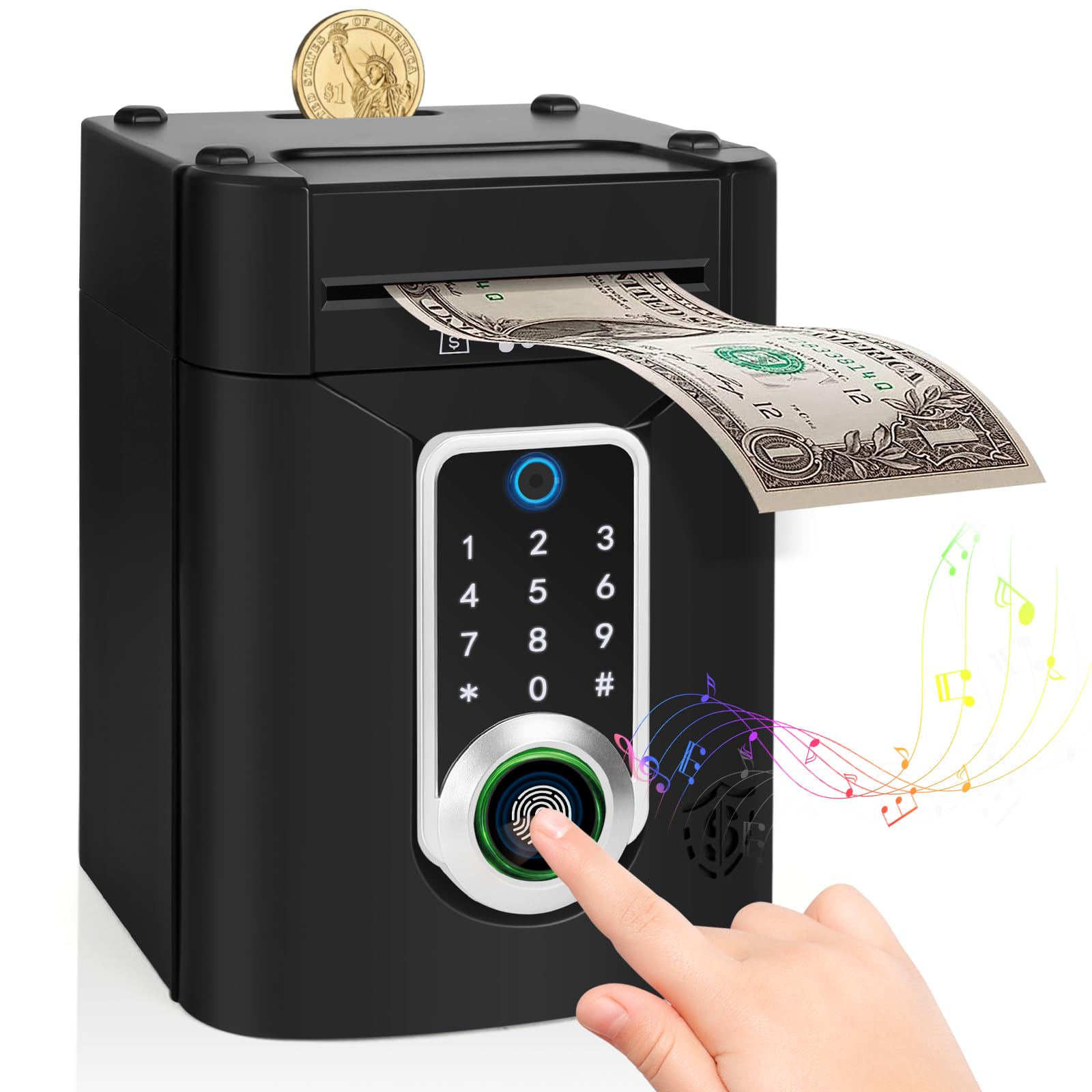 Highttoy Children's Electronic Money Box with Touchscreen and Fingerprint, Children's Games 3-12 Years Gift, Safe Cash Box, Black