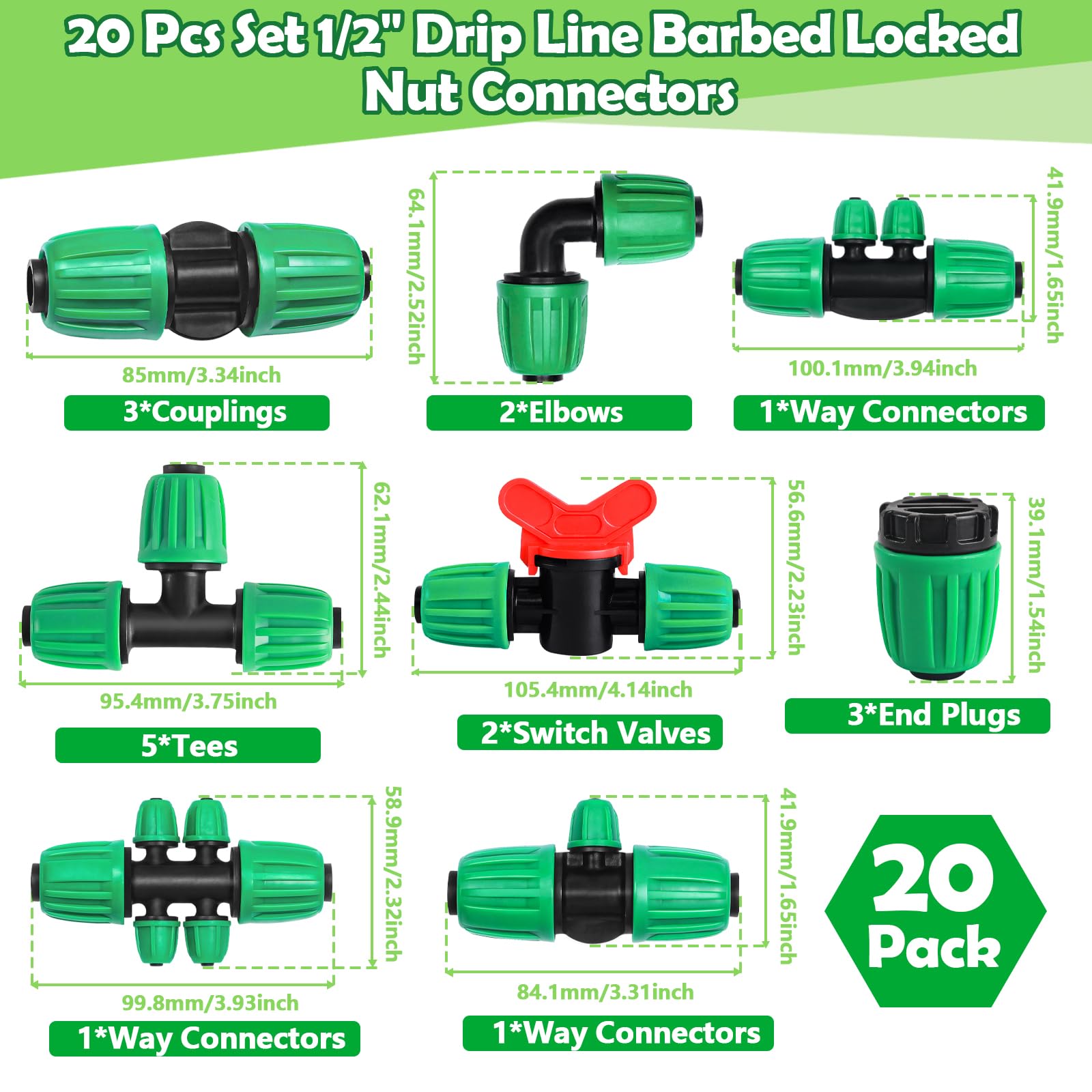 Kit de 20 accesorios de riego por goteo de 1/2 pulgada (1/2 pulgada de diámetro interior x 0.67 pulgadas de diámetro exterior), piezas de púas bloqueadas de riego de línea de goteo para tubos de riego