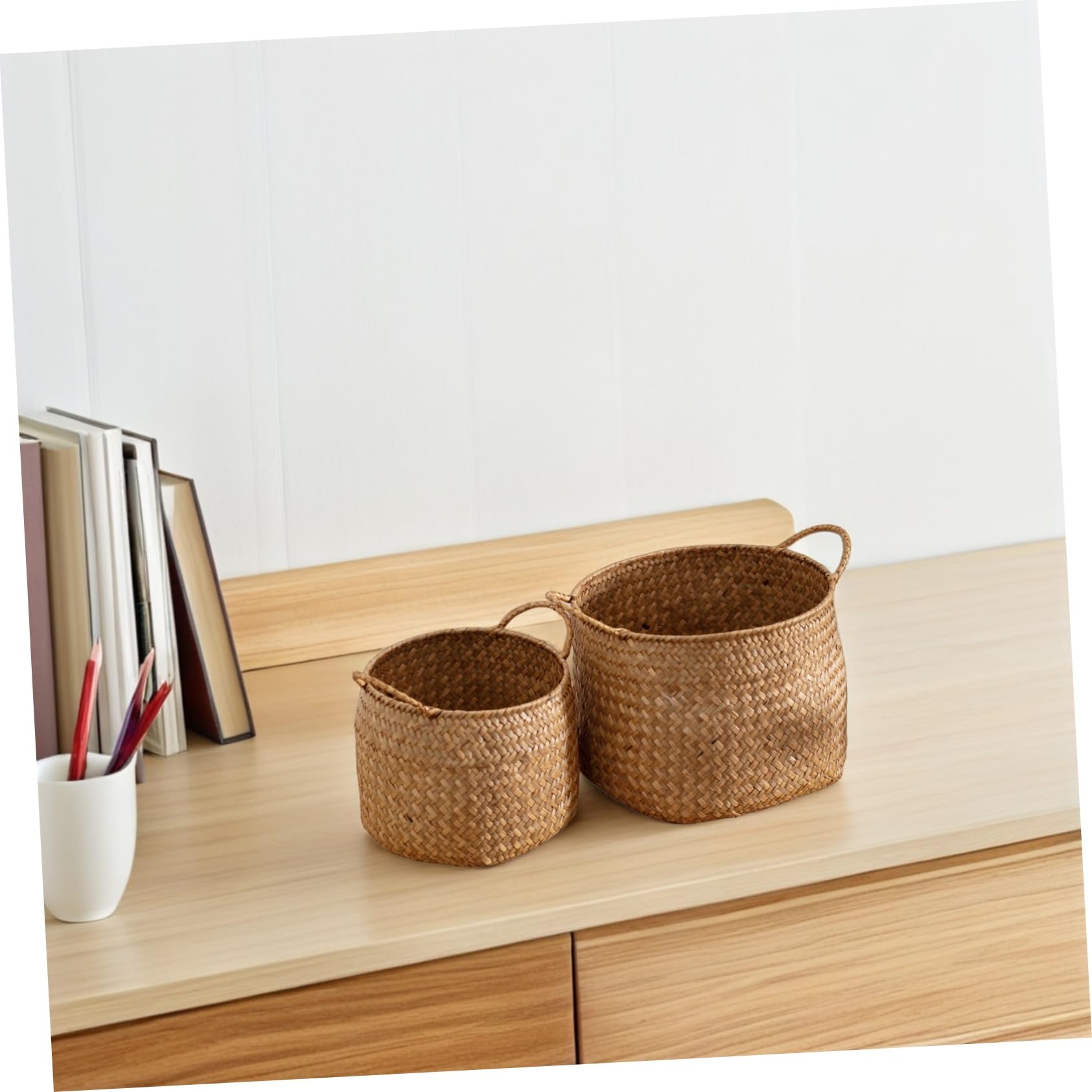 2piezas Cestas Tejidas Organizador Japonés De Almacenamiento Con Doble Asa Soporte Natural Para Guardar Objetos Sala De Estar o Dormitorio