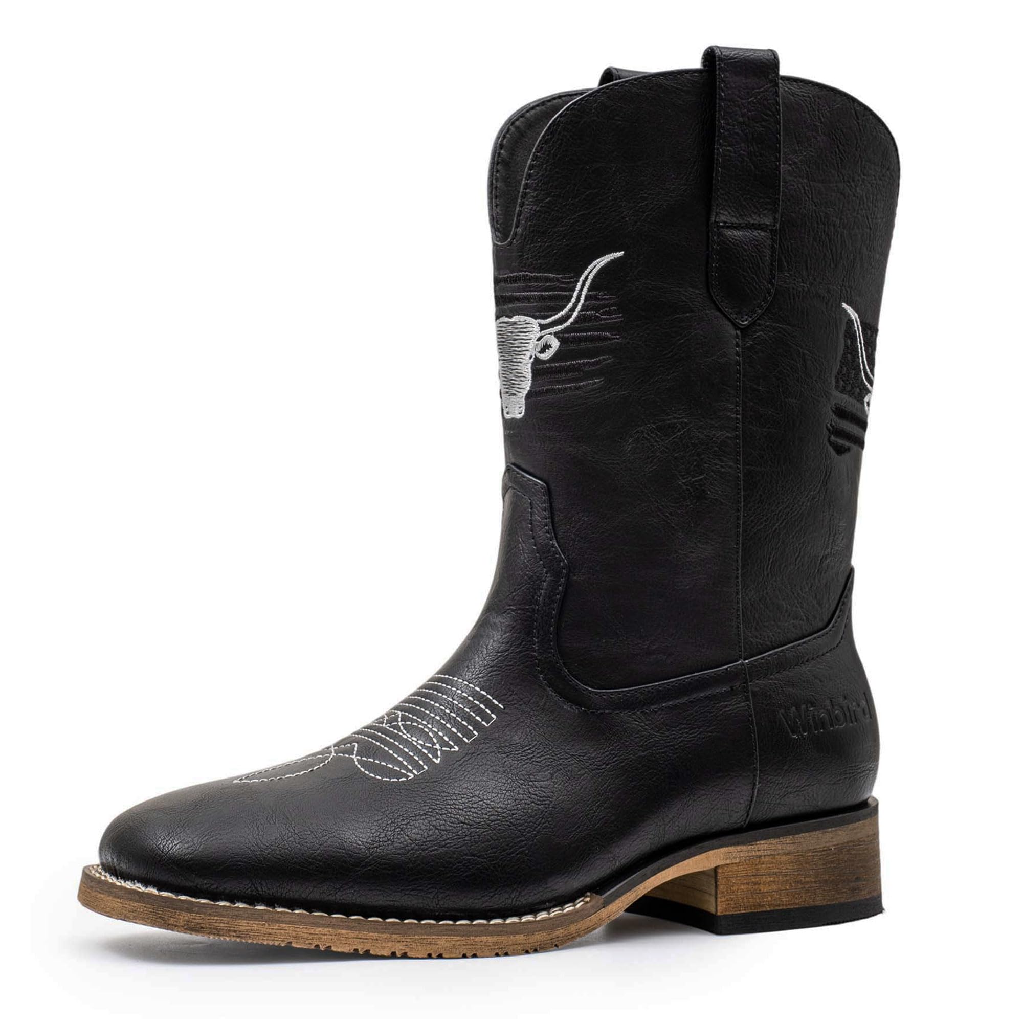 Winbird Cowboy Boots For Men Square Toe Western Men's Boots Vegan/Genuine Leather with Classic Patriot Pull On Boot, Slip Resistant Country Boots Chunky Heel Short Boots for Spring Fall