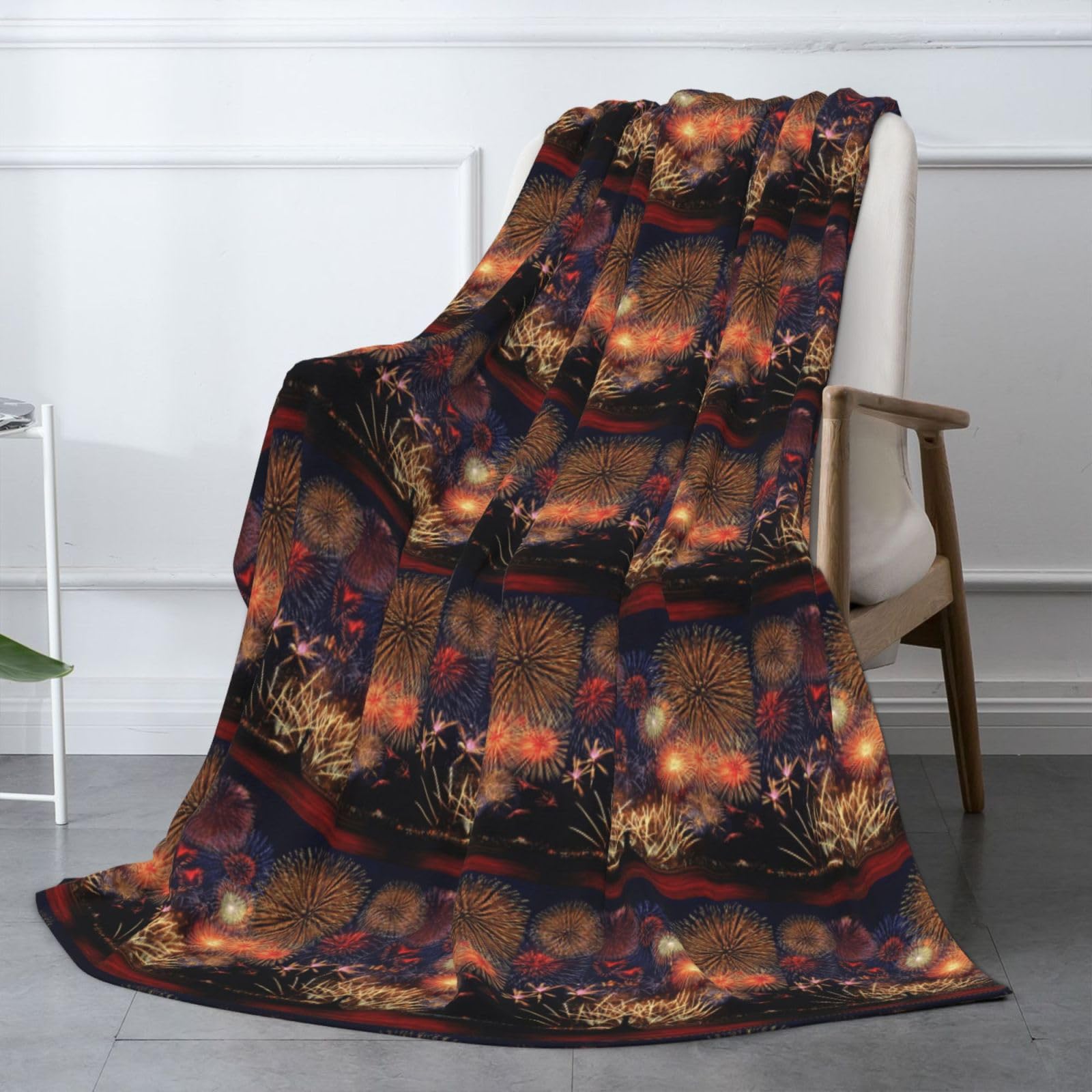 Couverture en flanelle avec imprimé feux d'artifice - 178 x 203 cm - Chaude et douillette - Pour l'hiver - Pour camping ou voyage