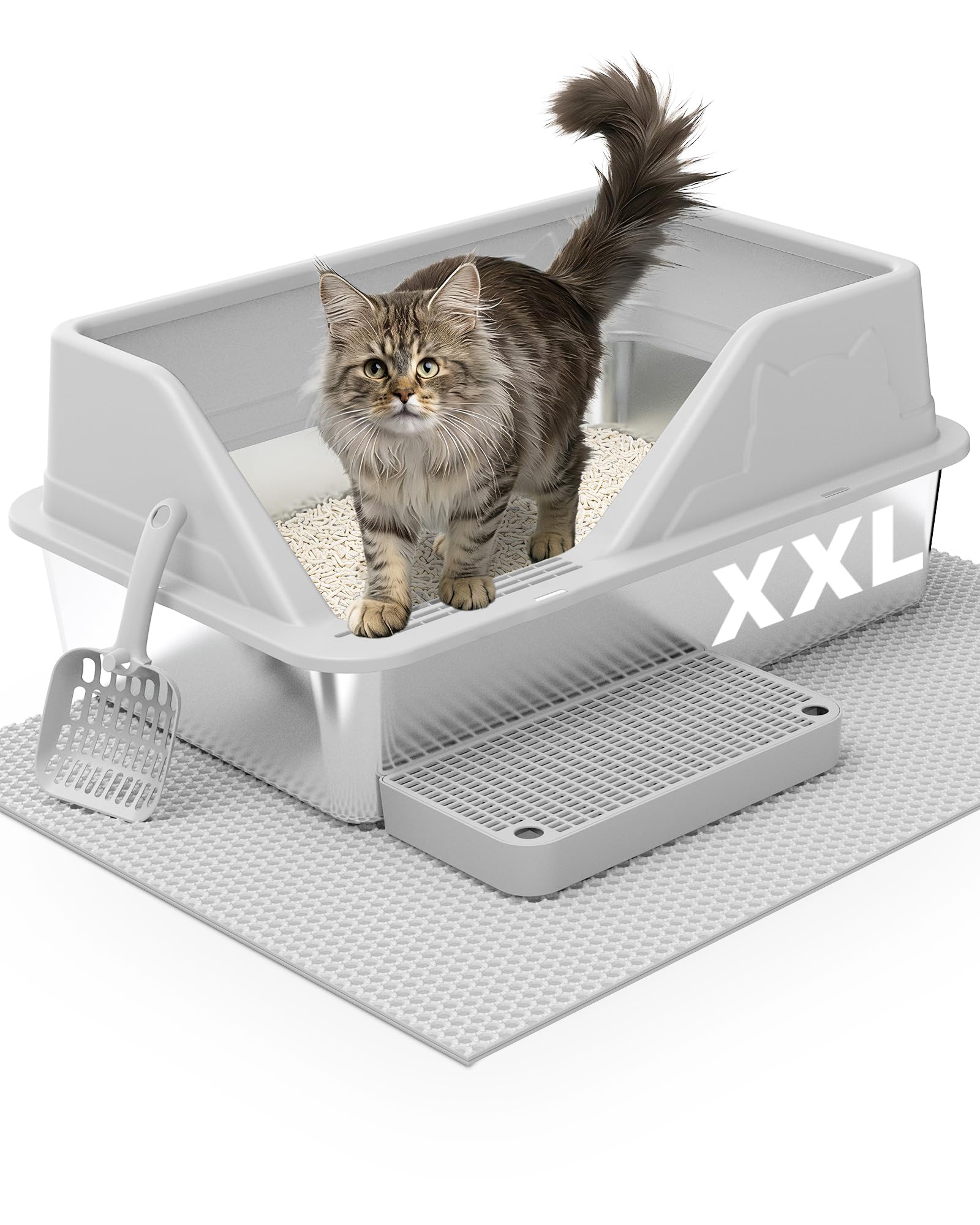 Stainless Steel Litter Box XL for Big Cats, Large Metal Cat Litter Box, High Sided Stainless Steel Pan Litterbox, Easy Clean Non-Stick, Included Scoop & Pedal & Mat, Light Grey - 2