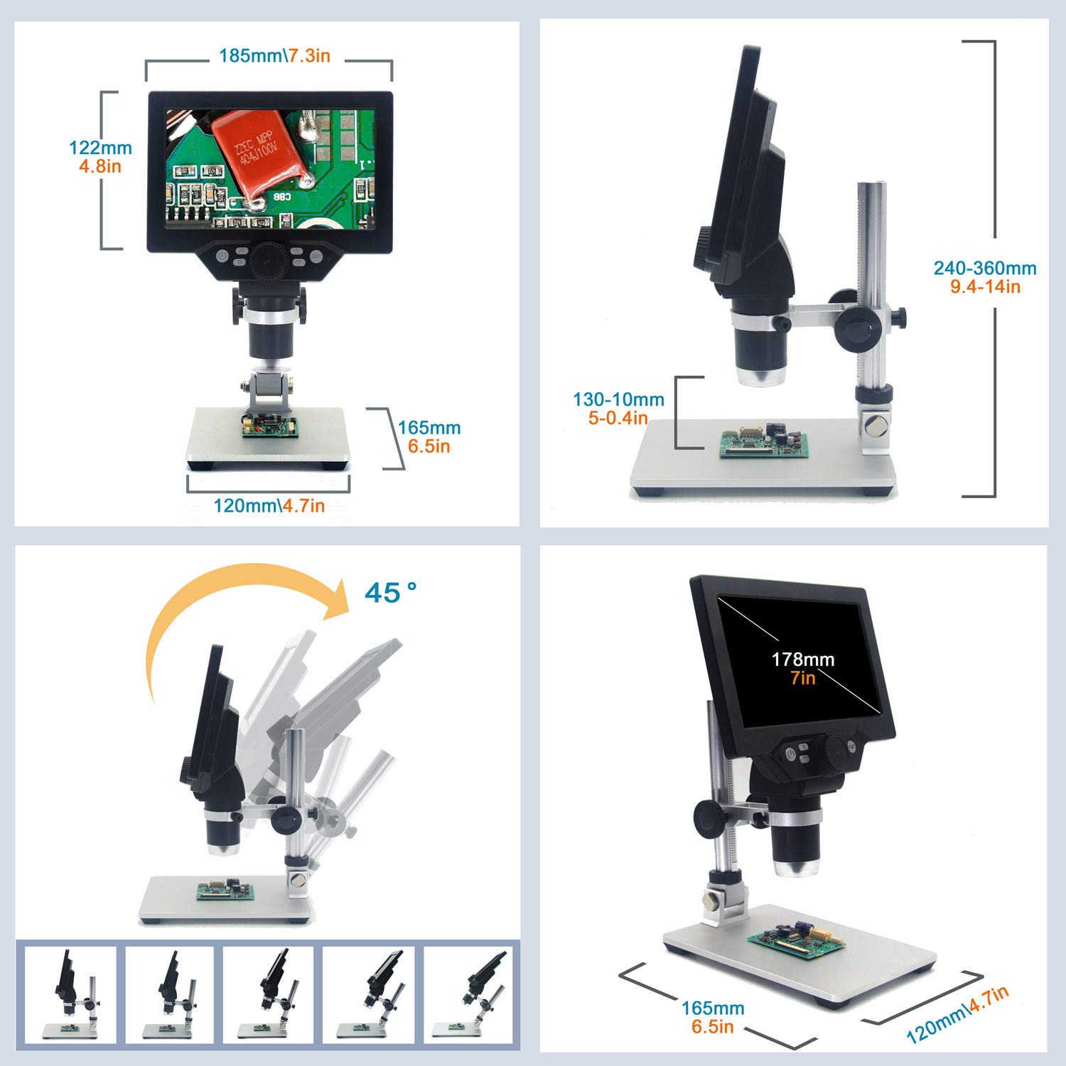 EMEBAY Microscopio Digitale HD LCD da 7 Pollici Batteria Ricaricabile | Microscopio Video Elettronico, 12 MP, Microscopio Portatile con Supporto in Metallo