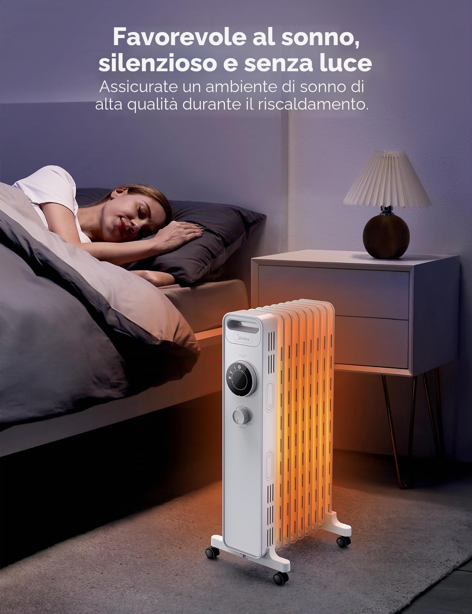 Midea NY2009-22M Radiatore ad olio 2000 W, termoventilatore a risparmio energetico, silenzioso, radiatore a 9 costole, termostato regolabile, 3 livelli di riscaldamento, protezione antigelo, display