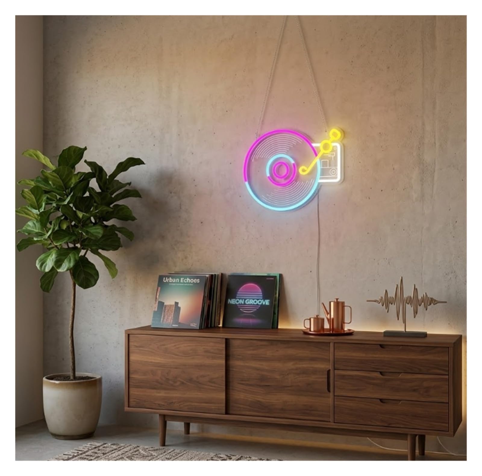 Wiszące neony artystyczne Neonowa Tablica Z Gramofonem USB, Ściemnialna, Dekoracja Ścienna Do Pokoju Gier, Sypialni, Sklepu, Baru, Imprezy, 35.8x28.9cm
