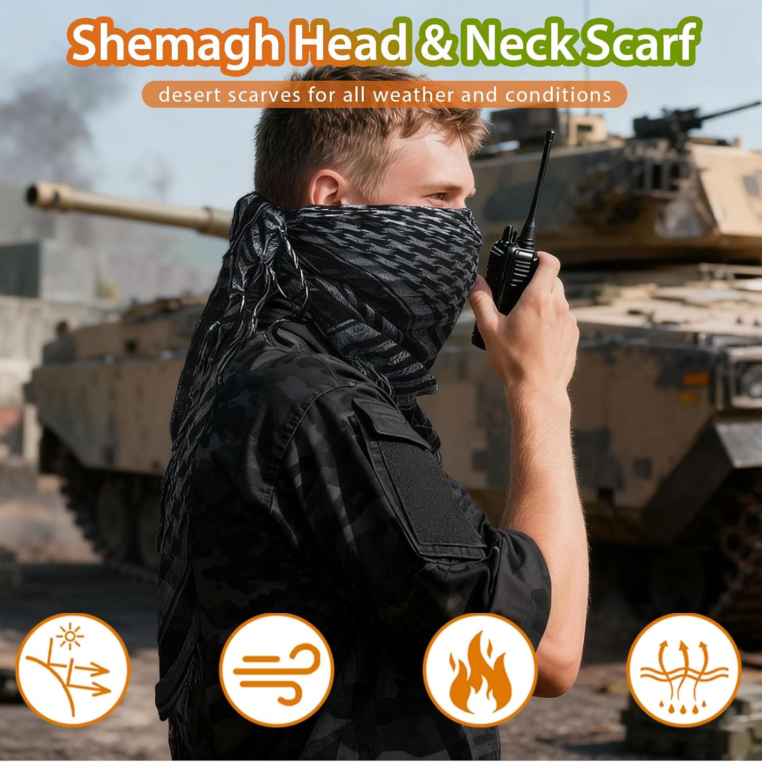 Yootiko 2 Pcs Military Shemagh Tactical Desert Scarf 100% Cotton Keffiyeh Head Neck Scarf Wrap for Men Women Black & Black-White Shawl 2 Pack - Image 4