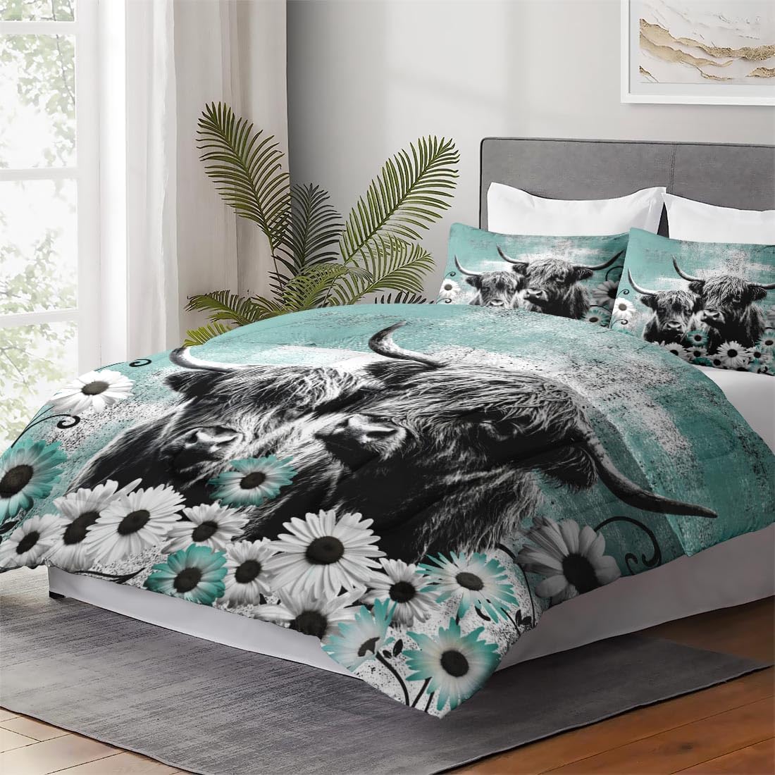 Comforter Set Full Size with 2 Pillowcases, Highland Cow Animal 3 Pcs Bedding for Kids and Adults, Farm Daisy Soft Comforter Set for Bedroom Bed Decor - Image 4