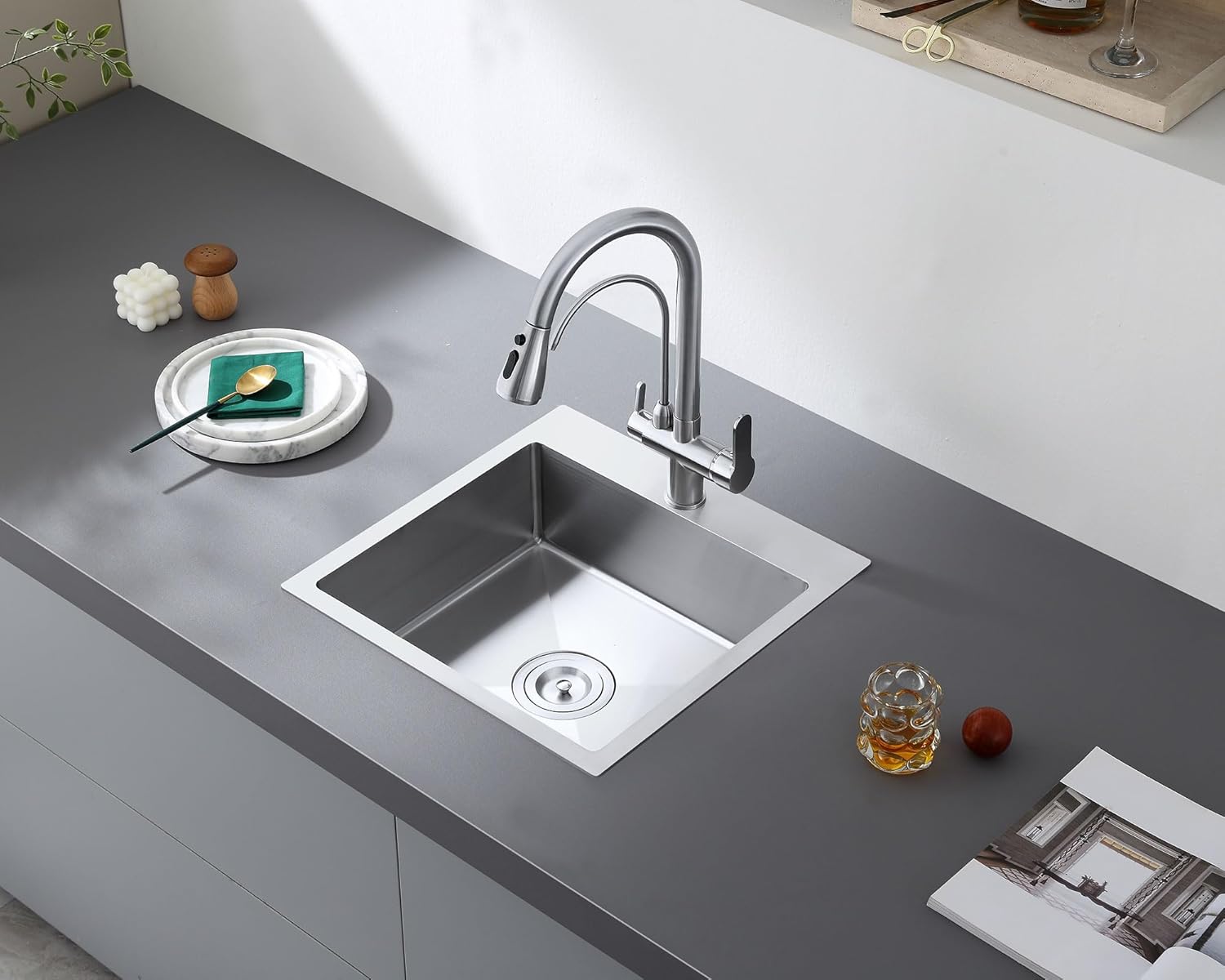 menatt 18x18 inch drop-in kitchen sink, 18 gauge brushed stainless steel small bar sink, topmount single bowl sink with 6" deep basin & single faucet hole d18" x w18" x h6" brushed nickel