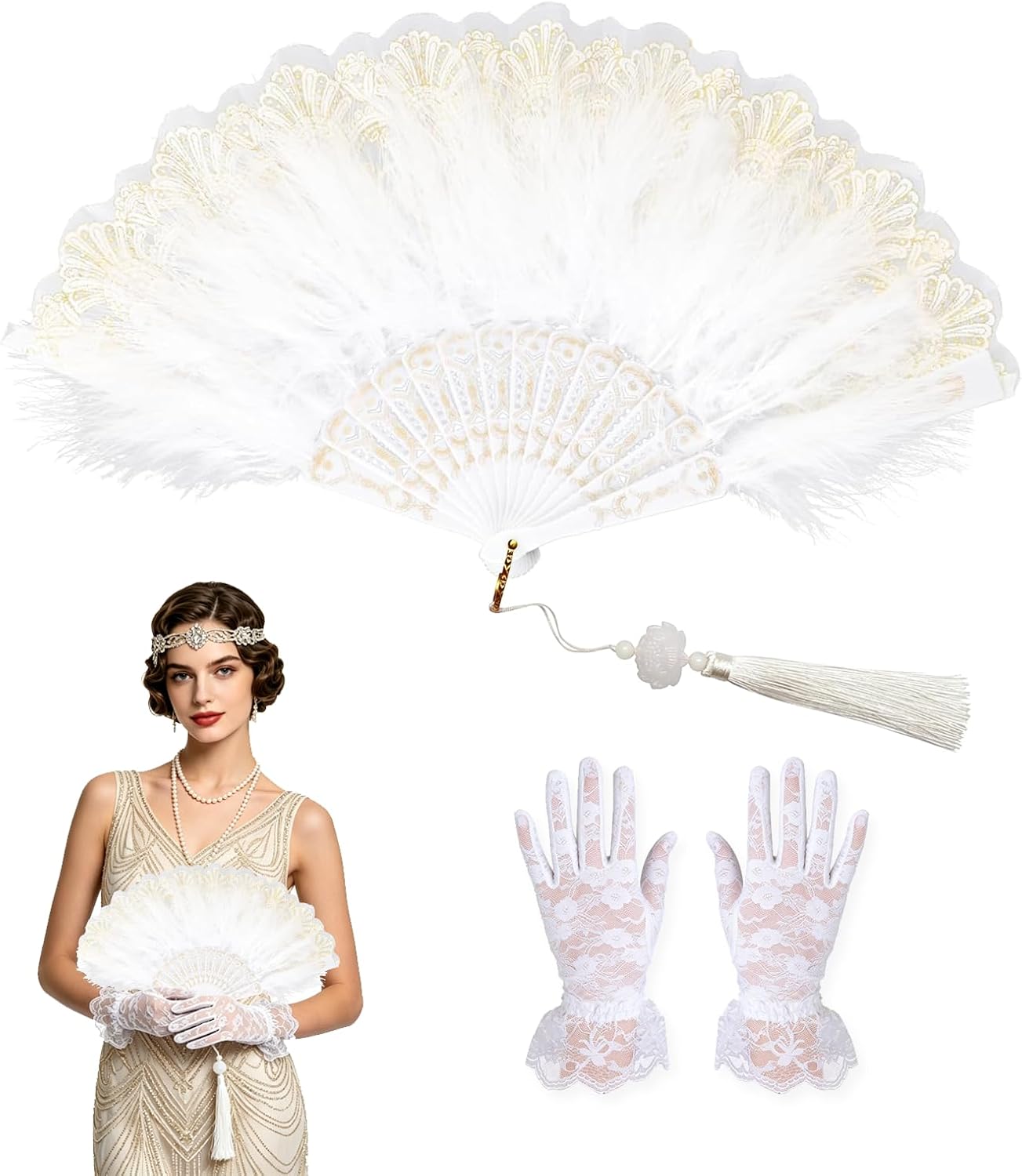Feather Fan for 1920s Gatsby Party with Lace Glove Renaissance Hand Fan for Wedding Rave Costume Dancing Accessories