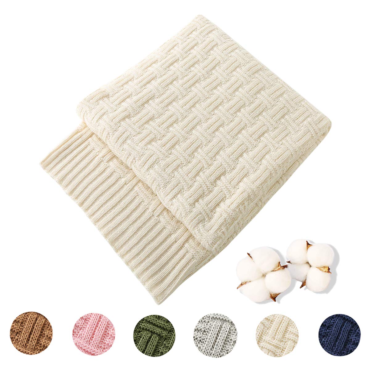 treely 100% cotton knitted throw blanket couch cover blanket(60 x 80 inches, ivory white)