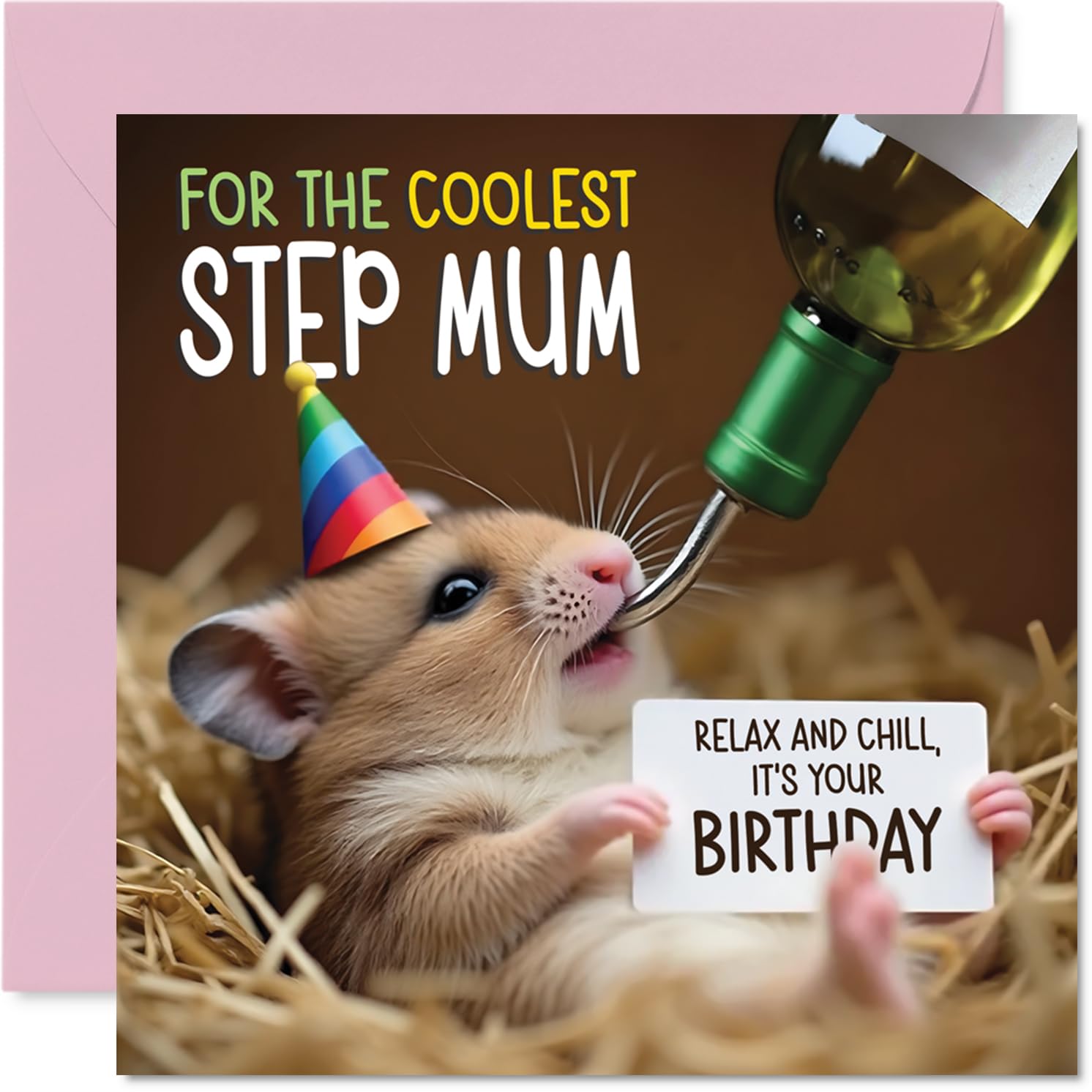 Step Mum Birthday Card - Ham-somely - Happy Birthday Card for Step Mum from Son Daughter, 145mm Hamster Bday Greeting Cards