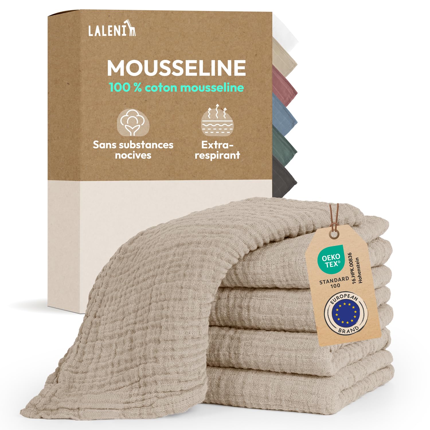 Laleni Lot de 5 langes bébé en pur coton - Sans substances nocives - 70x70 cm - Serviettes mousseline absorbantes et lavables - Beige
