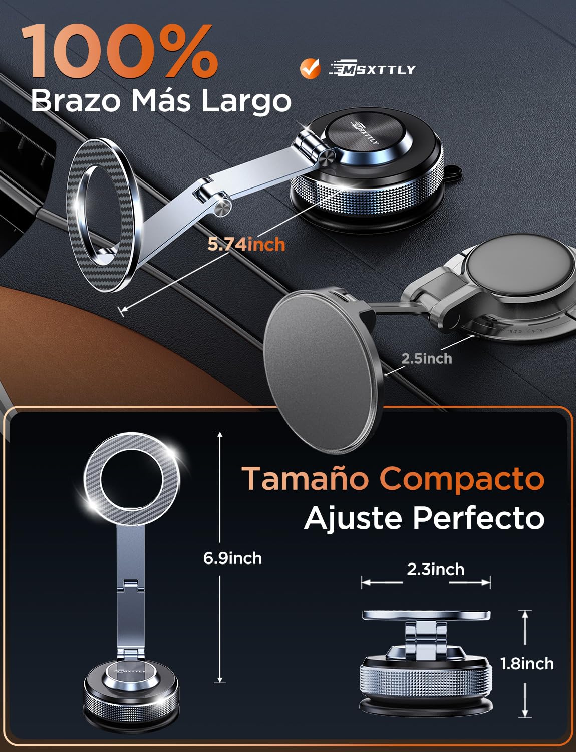 MSXTTLY Soporte Móvil Coche – Vmag S3 2026 Soporte Magnético al Vacío con Imanes Potentes y Brazo Doble de Aleación, Compatible con iPhone 17 Pro MAX, iPhone 16–12 y Android (con Anillo Magnético)