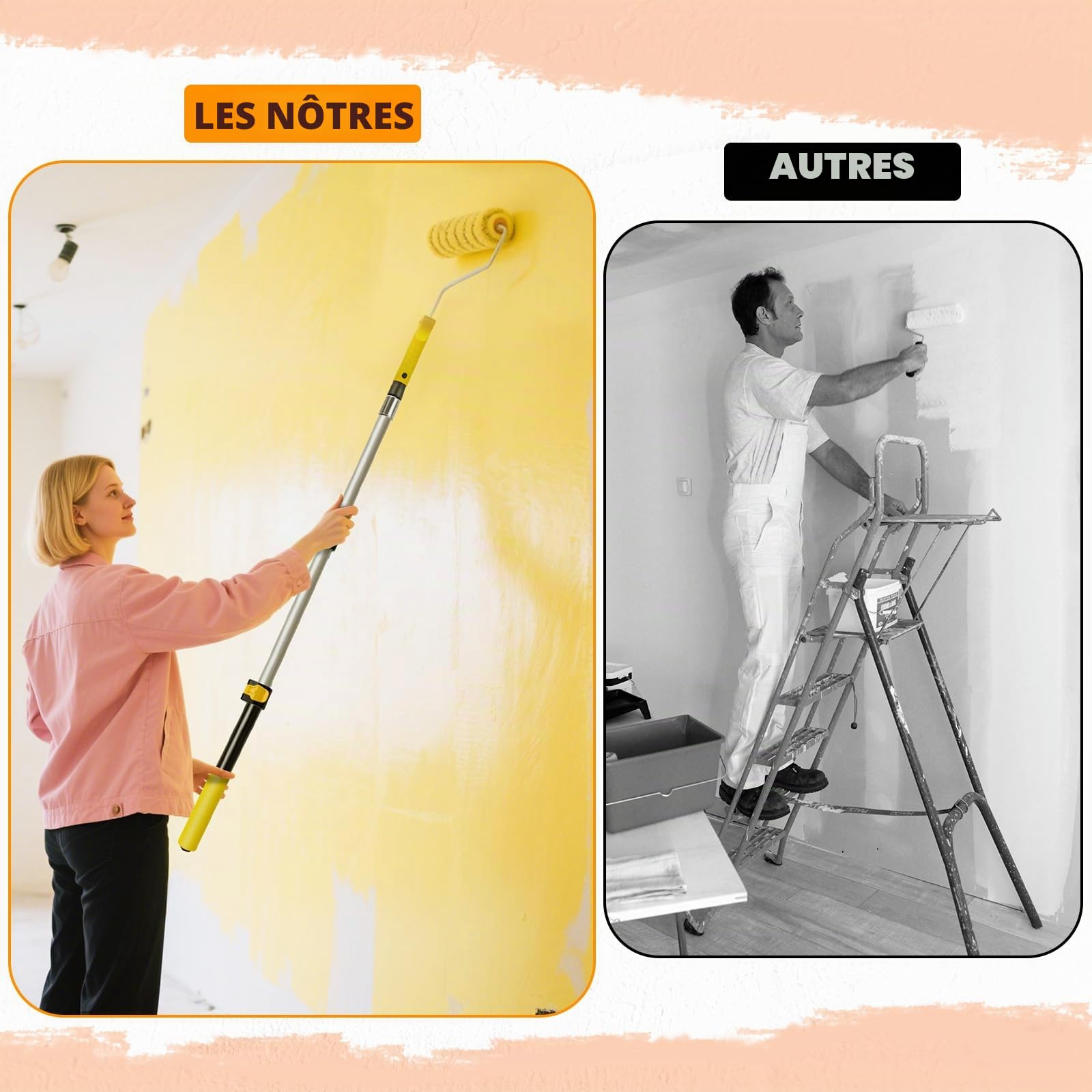 Rouleau de peinture avec poignée télescopique, tige télescopique en aluminium avec 3 rouleaux de peinture pour projets ménagers de peinture et de rénovation